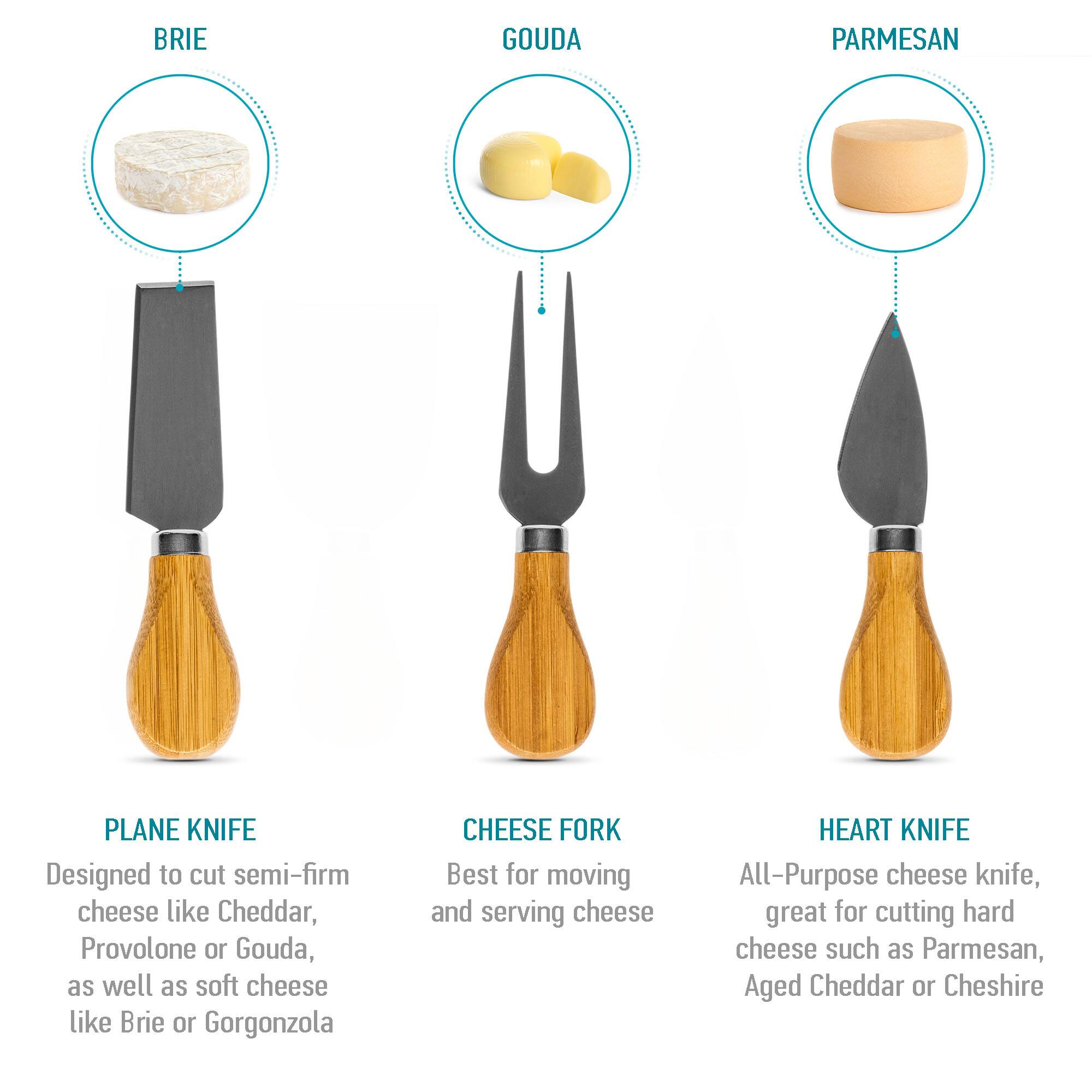 BRIE GOUDA PARMESAN

PLANE KNIFE
Designed to cut semi-firm cheese like Cheddar, Provolone or Gouda, as well as soft cheese like Brie or Gorgonzola

CHEESE FORK
Best for moving and serving cheese

HEART KNIFE
All-Purpose cheese knife, great for cutting hard cheese such as Parmesan, Aged Cheddar or Cheshire