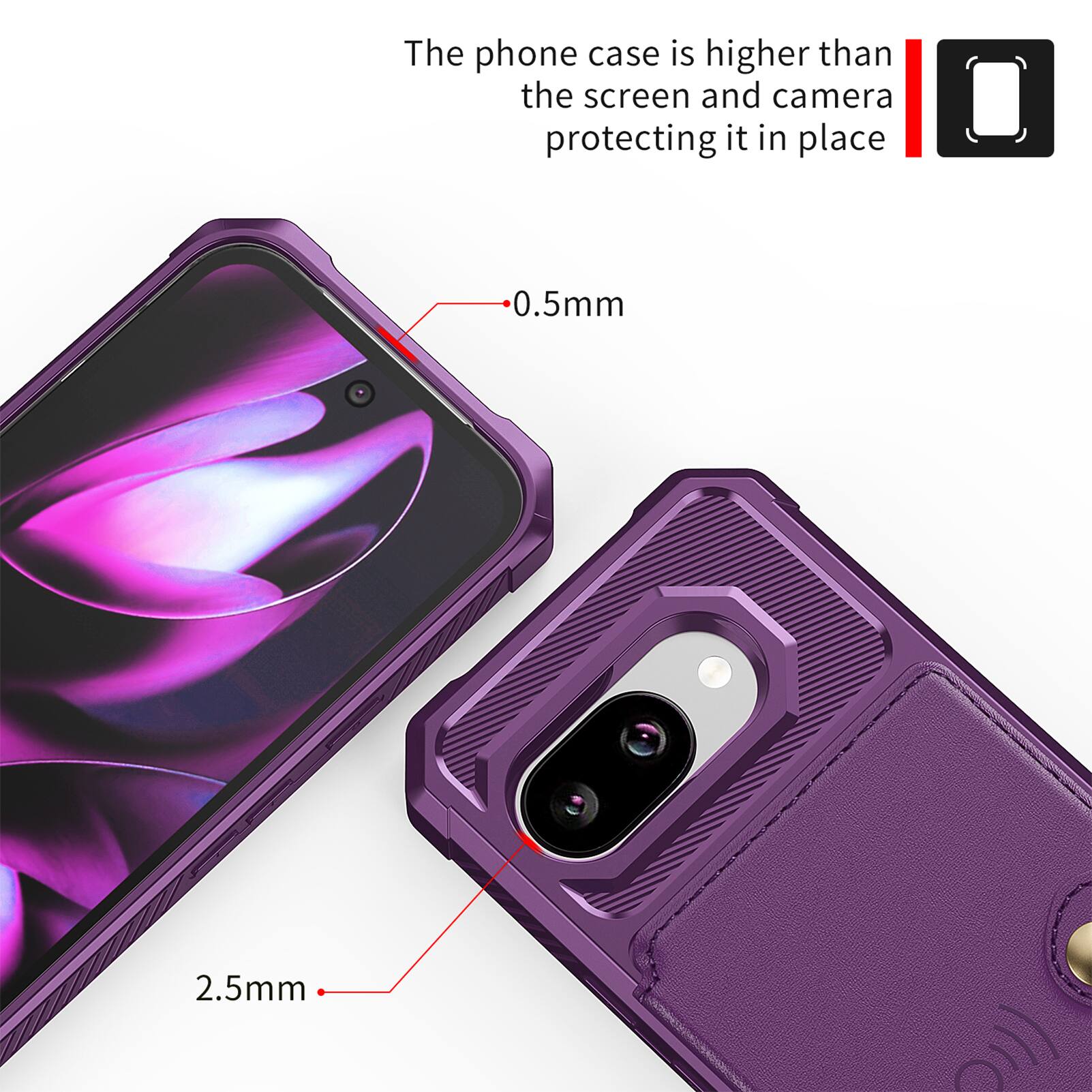 The phone case is higher than the screen and camera, protecting it in place.  
0.5mm  
2.5mm