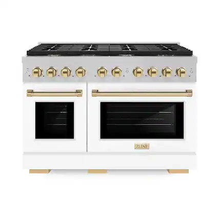 Front. ZLINE - 48 in. Wide 8 Burner Autograph Paramount Dual Fuel Freestanding Range with White and Gold Accents - White.