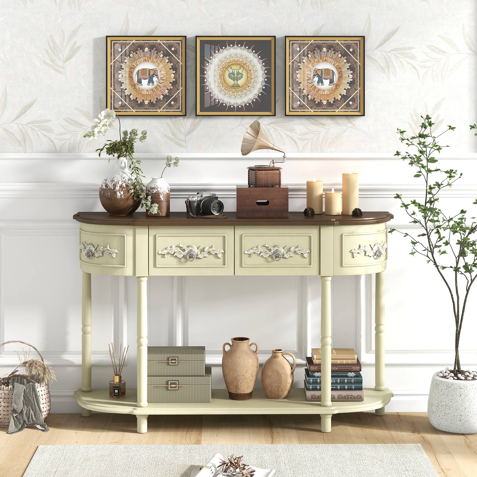 Alt View 7. Ecooso - Retro Curved Console Table with Drawers and Solid Wood Legs for Living Room - Beige.