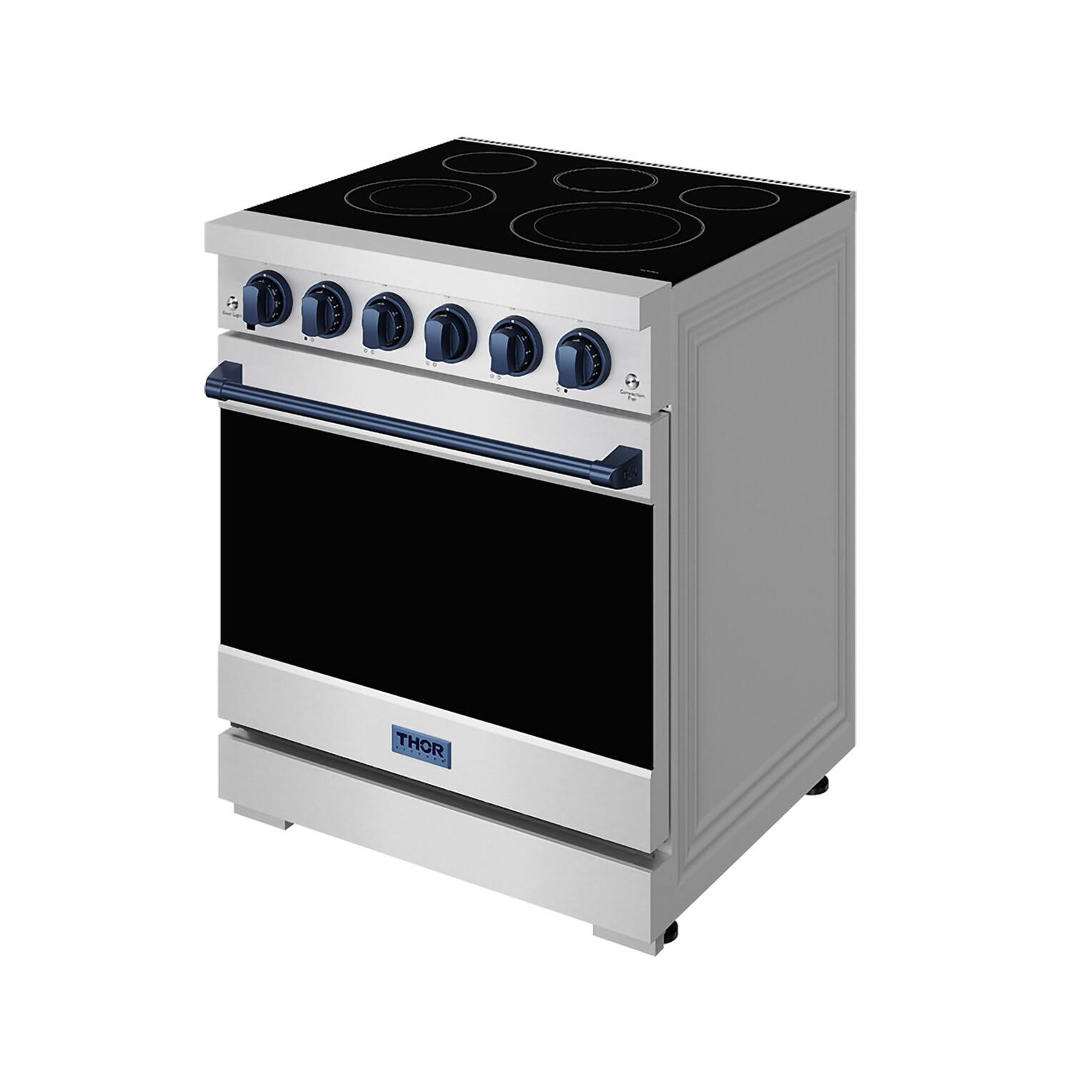 Left. Thor Kitchen - Gordon Ramsay Series by Thor Kitchen 4.55 Cu. Ft Freestanding Electric Range with Navy Blue Hardware - Stainless steel.