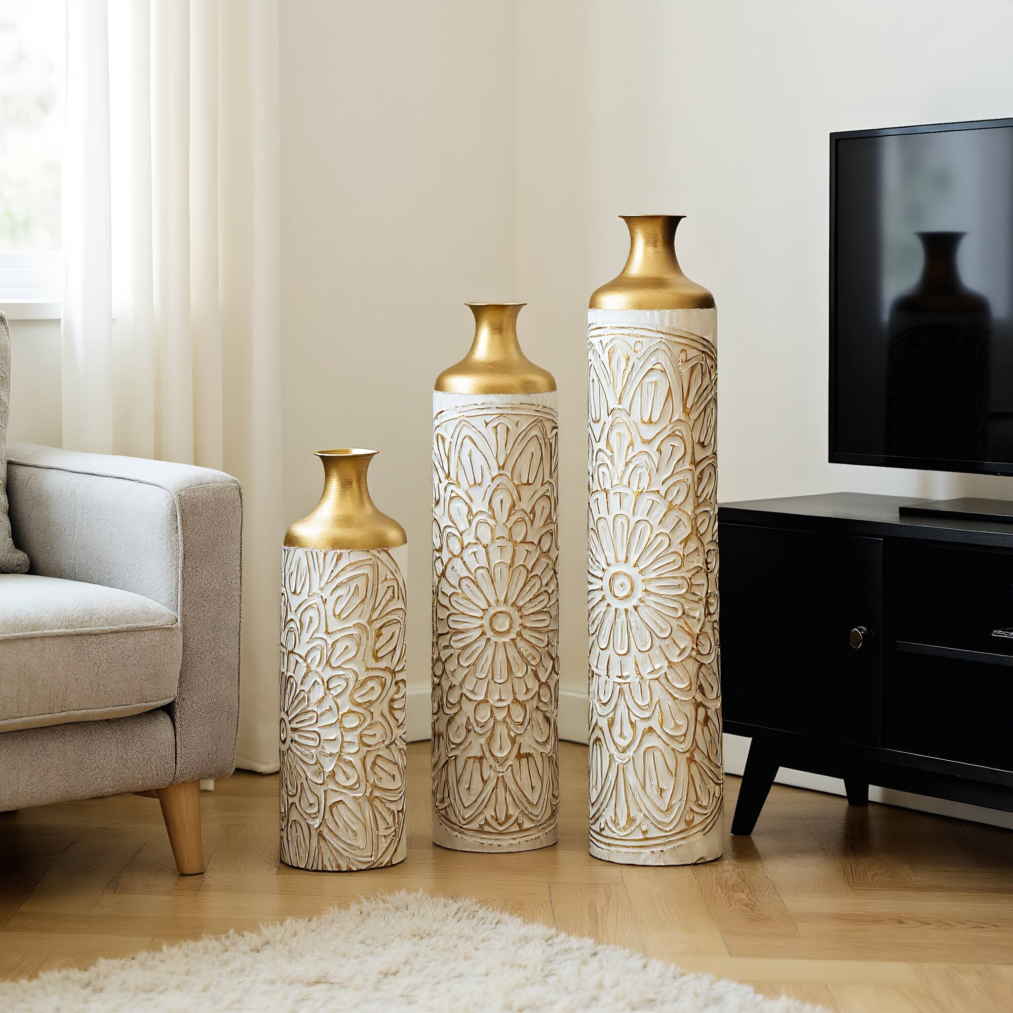 Angle. Anysun - Modern Droplet Shape White Metal Floor Vase 3-Piece Set - Glazed Finish for Home Decoration - White.