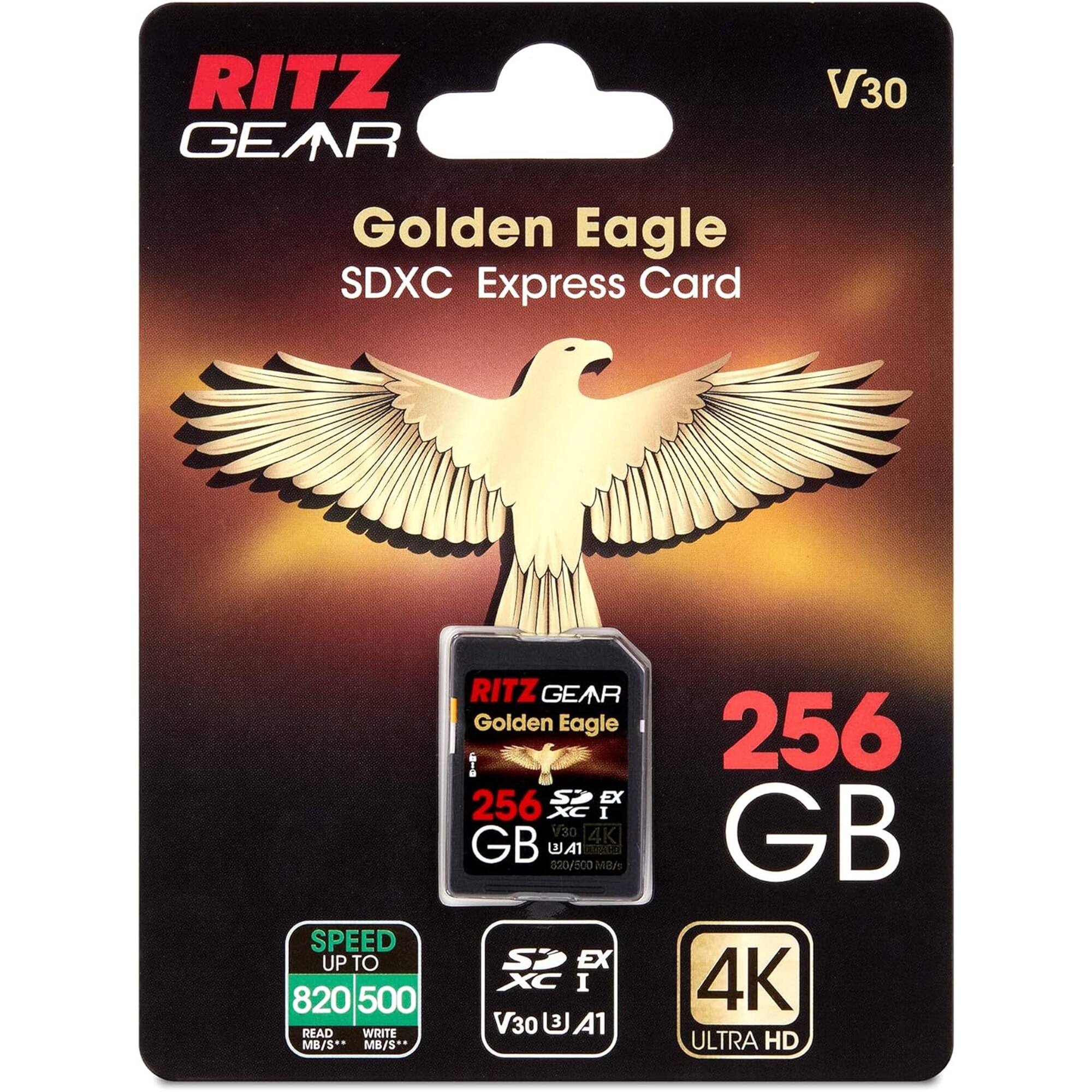 RITZ GEAR Golden Eagle SDXC Express Card V30 SPEED UP TO 820 500 READ WRITE MB/S MB/S RITZ GEAR Golden Eagle : EX 256 I V30 4K GB W.41 Dietn 520/500 Ma/e SP EX XC I V30 3 A1 256 GB 4K ULTRA HD
