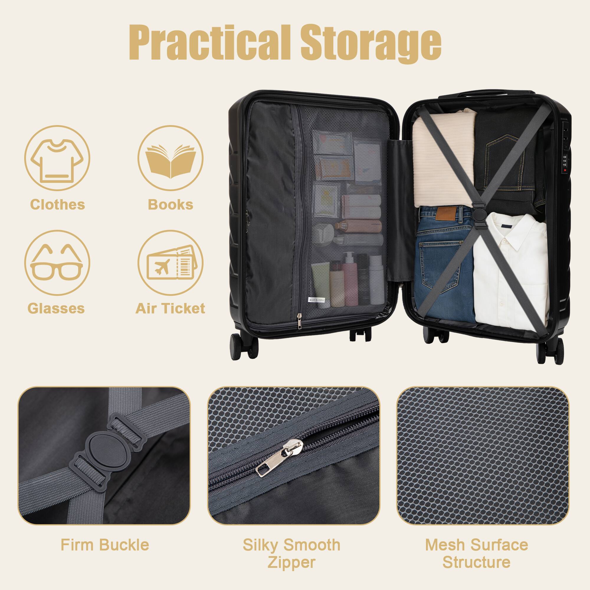 Practical Storage

Clothes  
Books  
Glasses  
Air Ticket  
Firm Buckle  
Silky Smooth Zipper  
Mesh Surface Structure