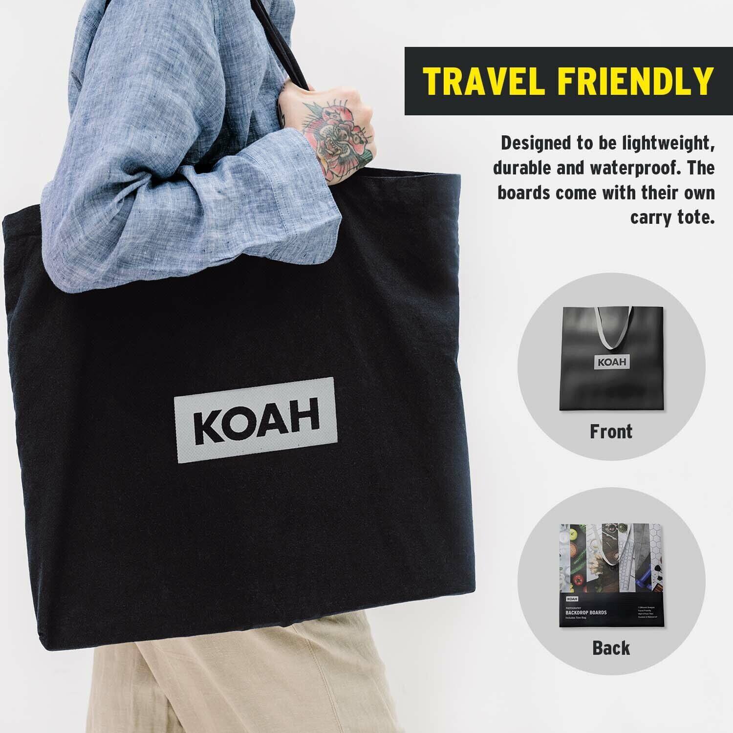 TRAVEL FRIENDLY  
Designed to be lightweight, durable and waterproof. The boards come with their own carry tote.  

Front  
Back