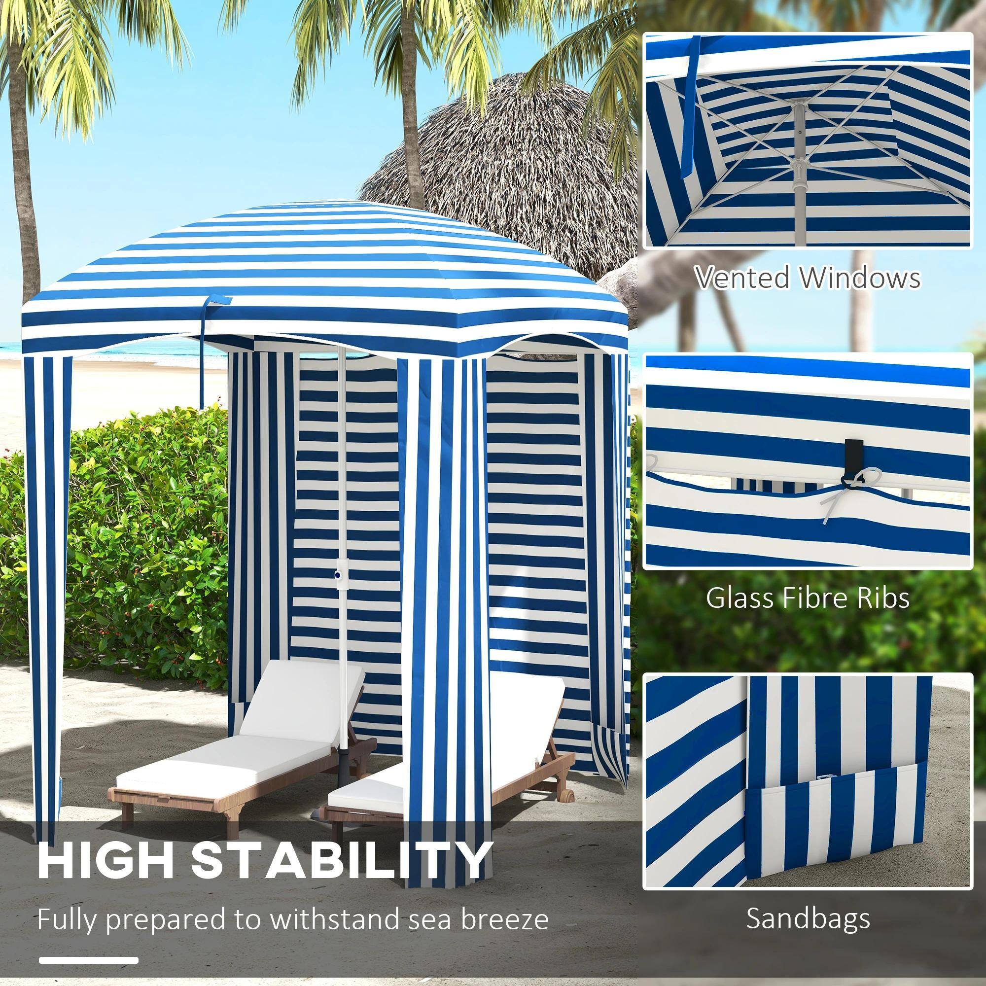 HIGH STABILITY  
Fully prepared to withstand sea breeze  

Vented Windows  
Glass Fibre Ribs  
Sandbags