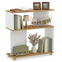 Costway - 3-Tier Bookcase, Modern S-shaped Bookshelf with Adjustable Feet & Anti-tipping Kits - White & Natural