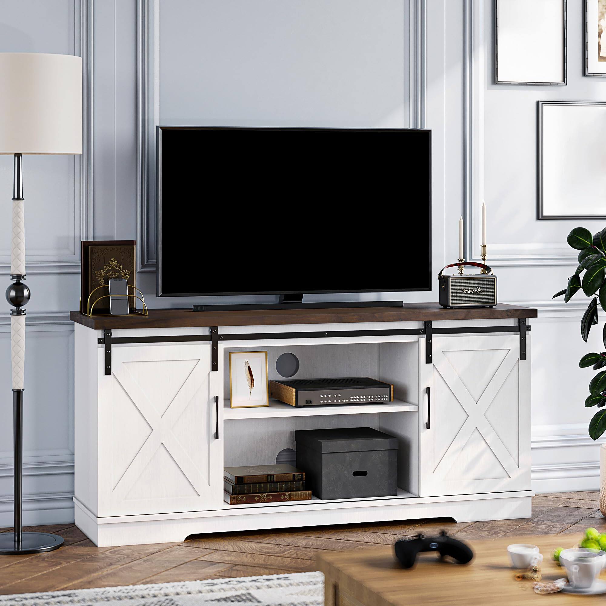 Acekool - Farmhouse TV Stand for Televisions Up to 65 Inches, Modern Entertainment Center with Sliding Barn Door - White
