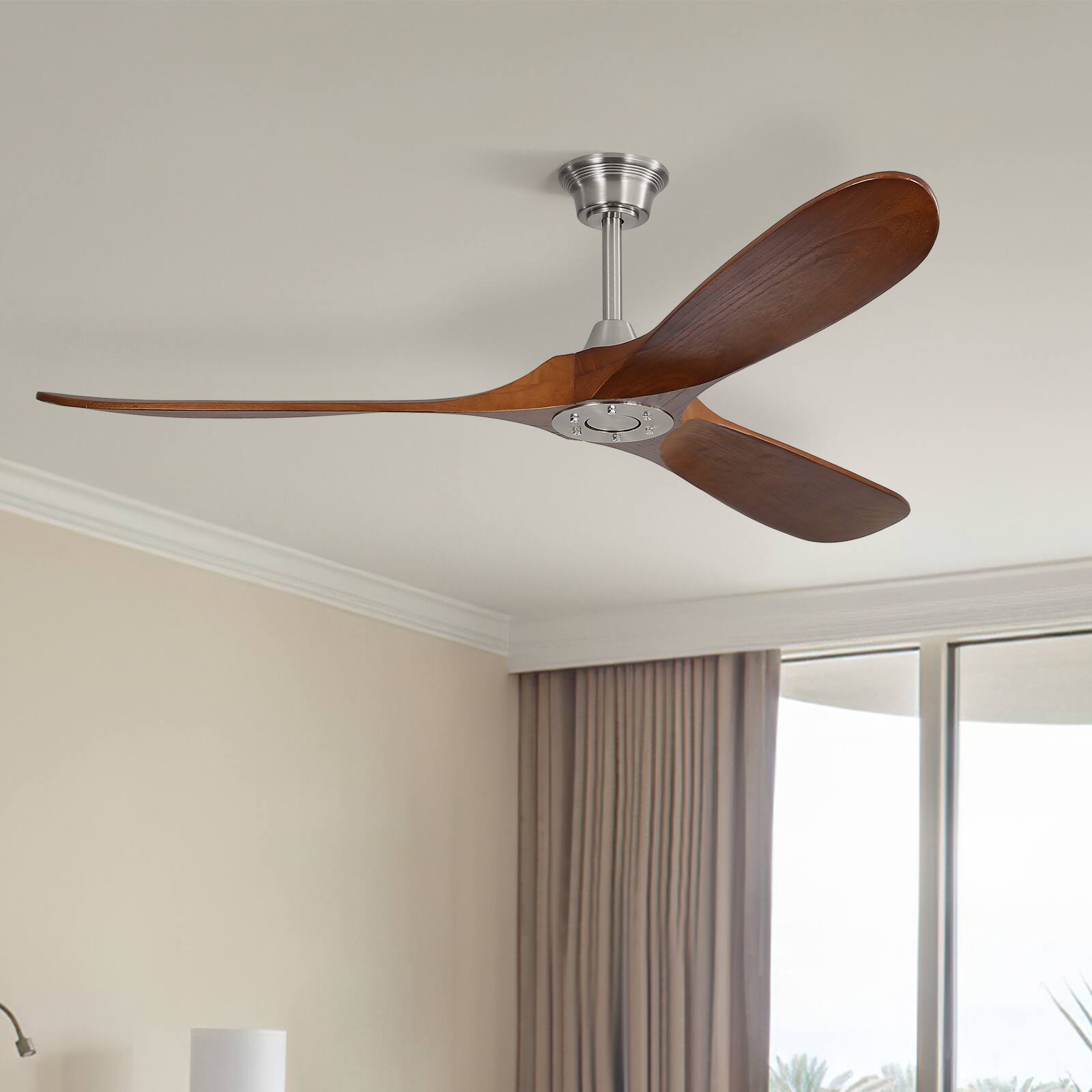Left. Sofucor - Large 60 Inch Ceiling Fan with Remote Control Farmhouse Wood Blade Ceiling Fans Ceiling Fan No Light for Bedroom Patio - Nickel Walnut Wood.