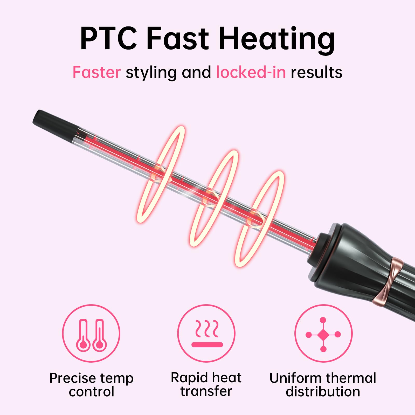PTC Fast Heating  
Faster styling and locked-in results  

- Precise temp control  
- Rapid heat transfer  
- Uniform thermal distribution