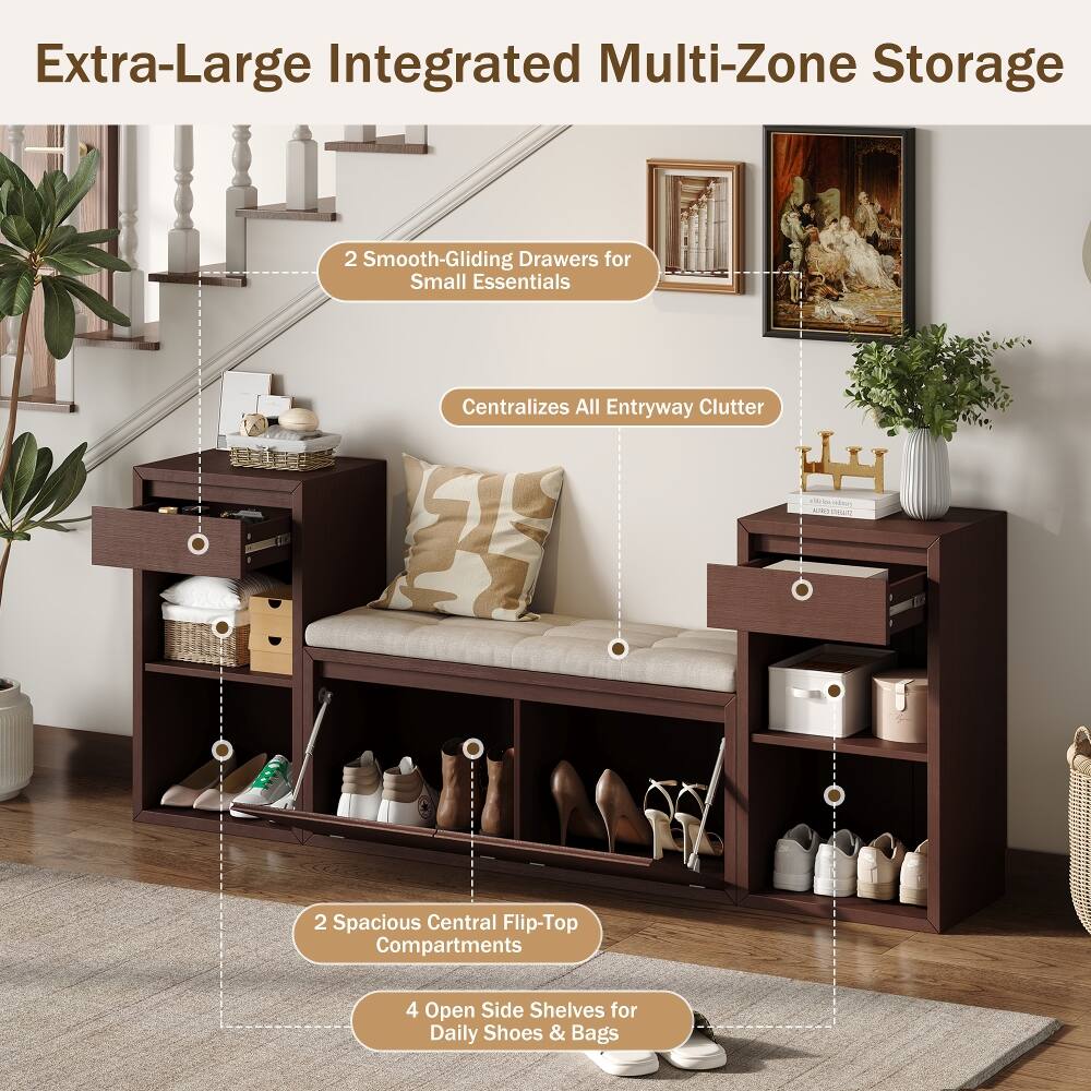 Extra-Large Integrated Multi-Zone Storage

2 Smooth-Gliding Drawers for Small Essentials

Centralizes All Entryway Clutter

2 Spacious Central Flip-Top Compartments

4 Open Side Shelves for Daily Shoes & Bags