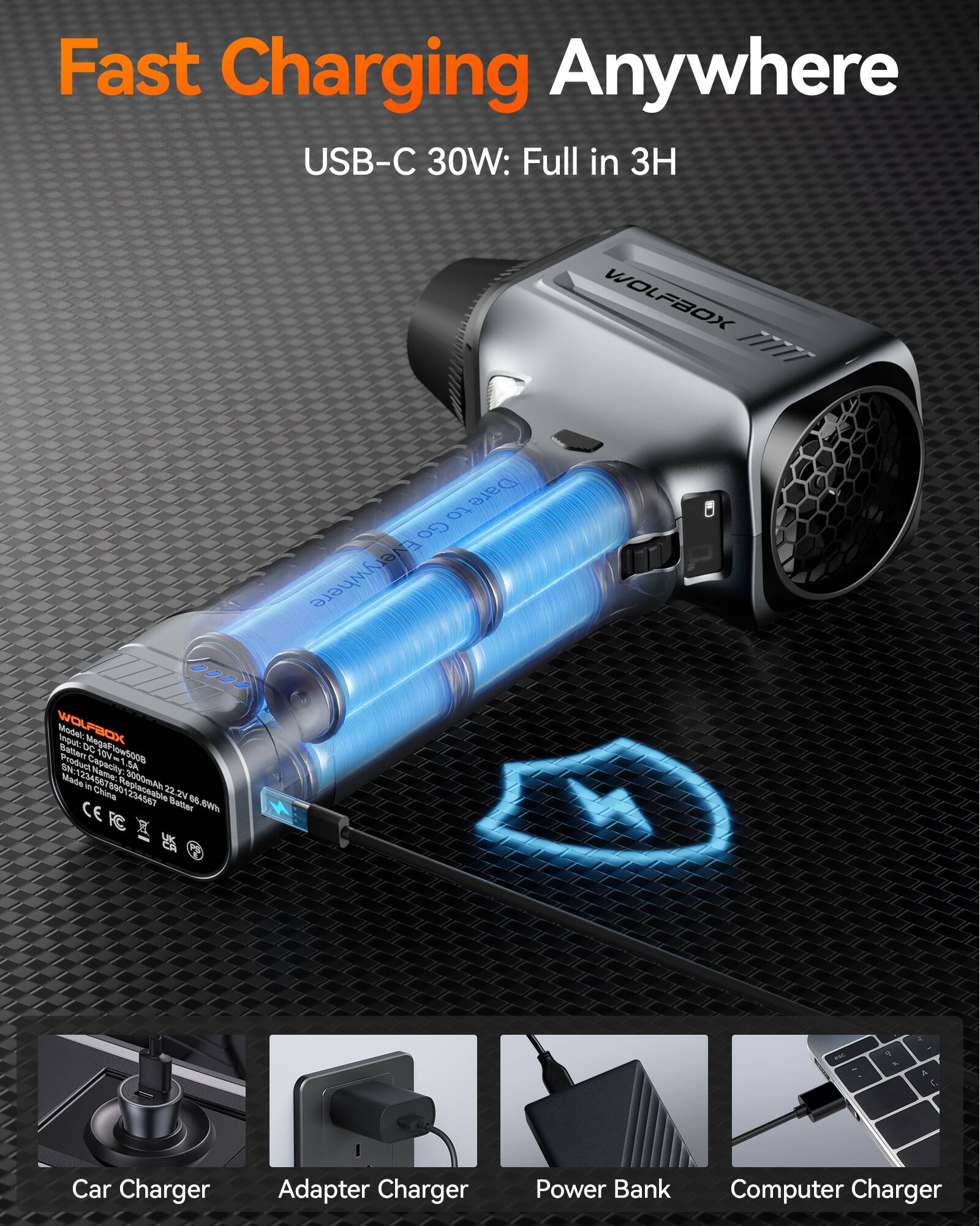 Fast Charging Anywhere  
USB-C 30W: Full in 3H  

WOLFBOX  
Go Dare to Everywhere  

WOLFBOX  
Model: Input: DC MegaFlow5008 MegaFi Battery  
Product Name: SA  
Made in China  
Capacity: 3000mAh  
SN: 123456789012345678  
FC UK CA  

Car Charger  
Adapter Charger  
Power Bank  
Computer Charger