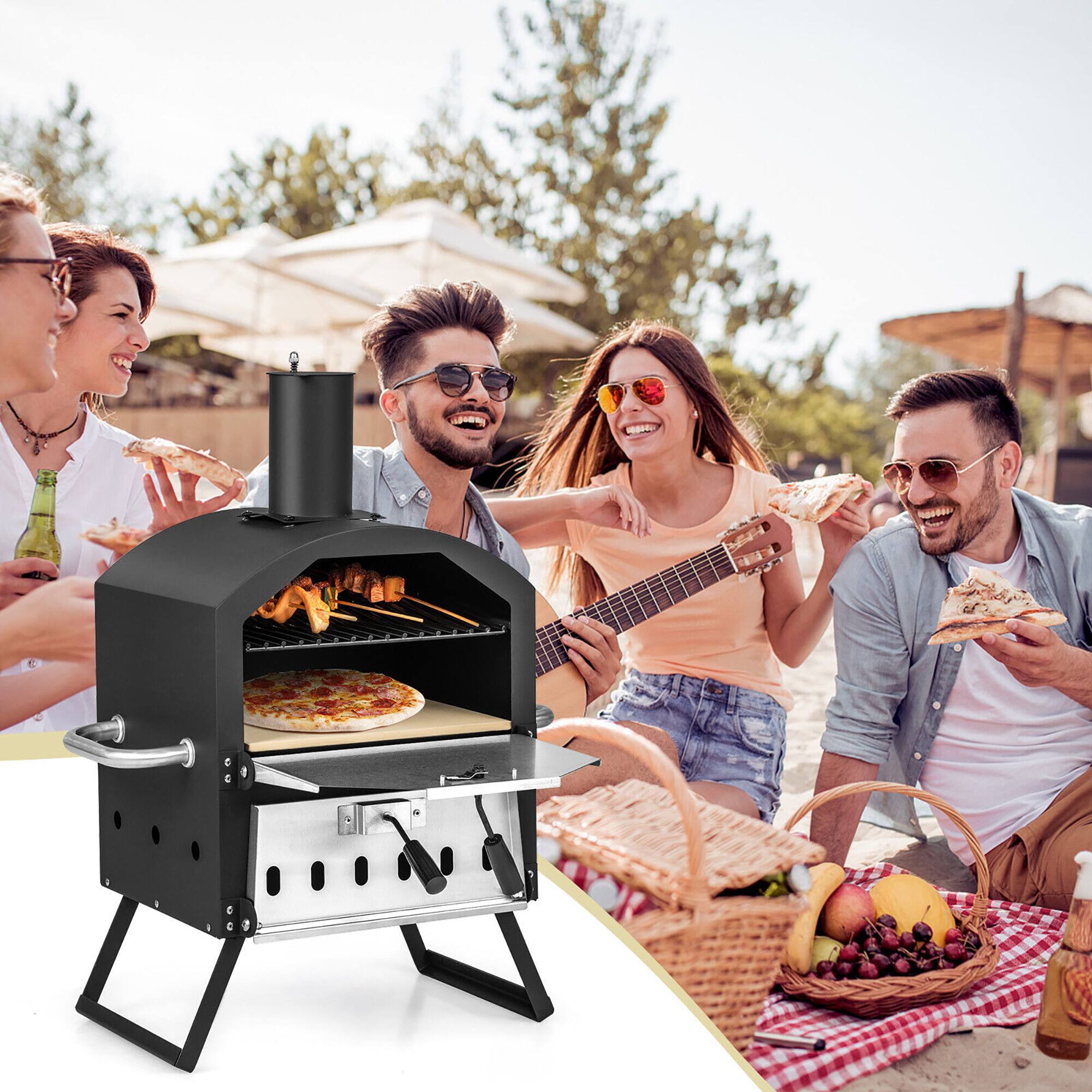 Alt View 2. Gymax - Gymax 2-layer Outdoor Wood Fired Pizza Oven w/ Anti-scalding Handles & Waterproof Cover - Black + Silver.