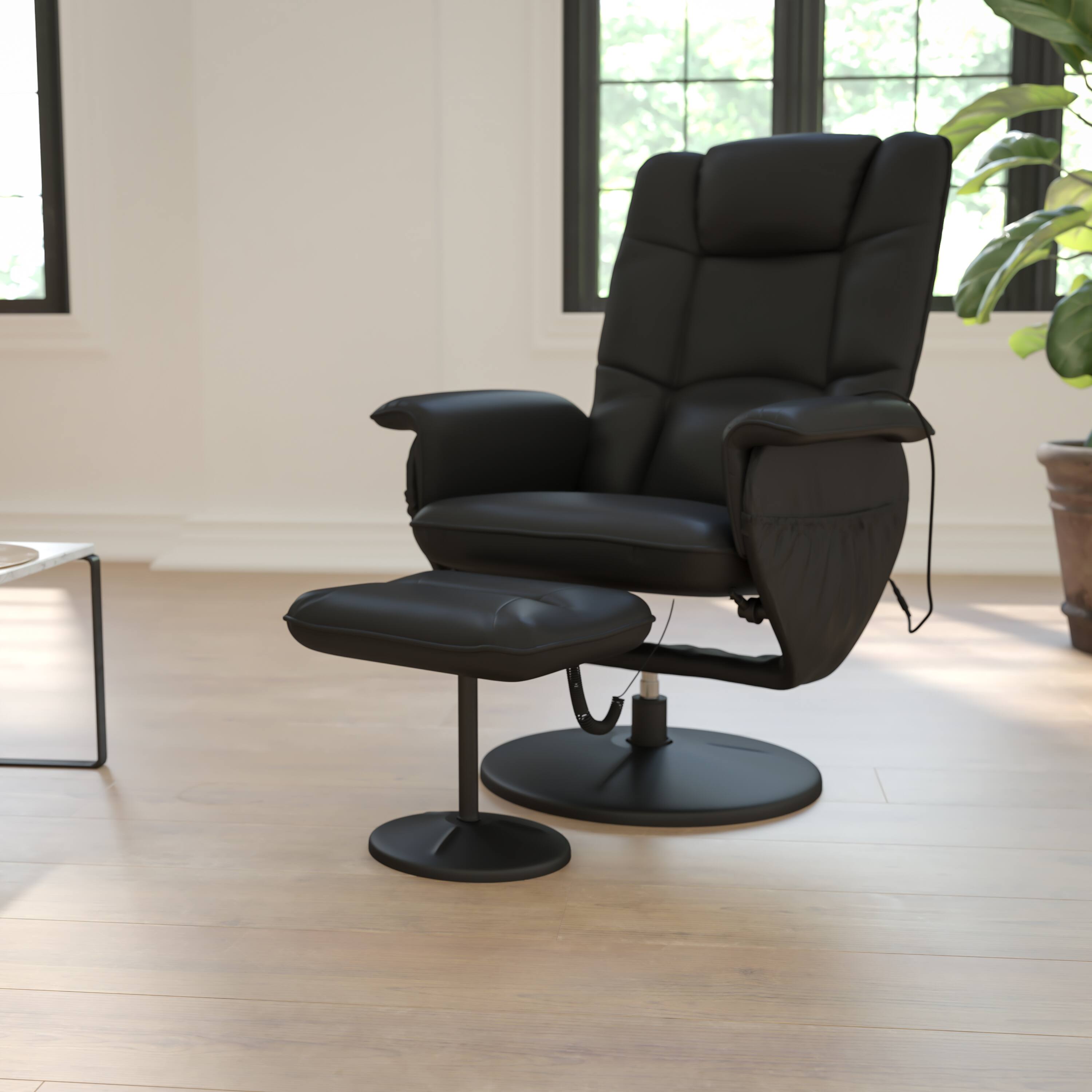 Alt View 1. Emma + Oliver - Massaging Multi-Position Recliner with Deep Side Pockets and Ottoman with Wrapped Base - Black.