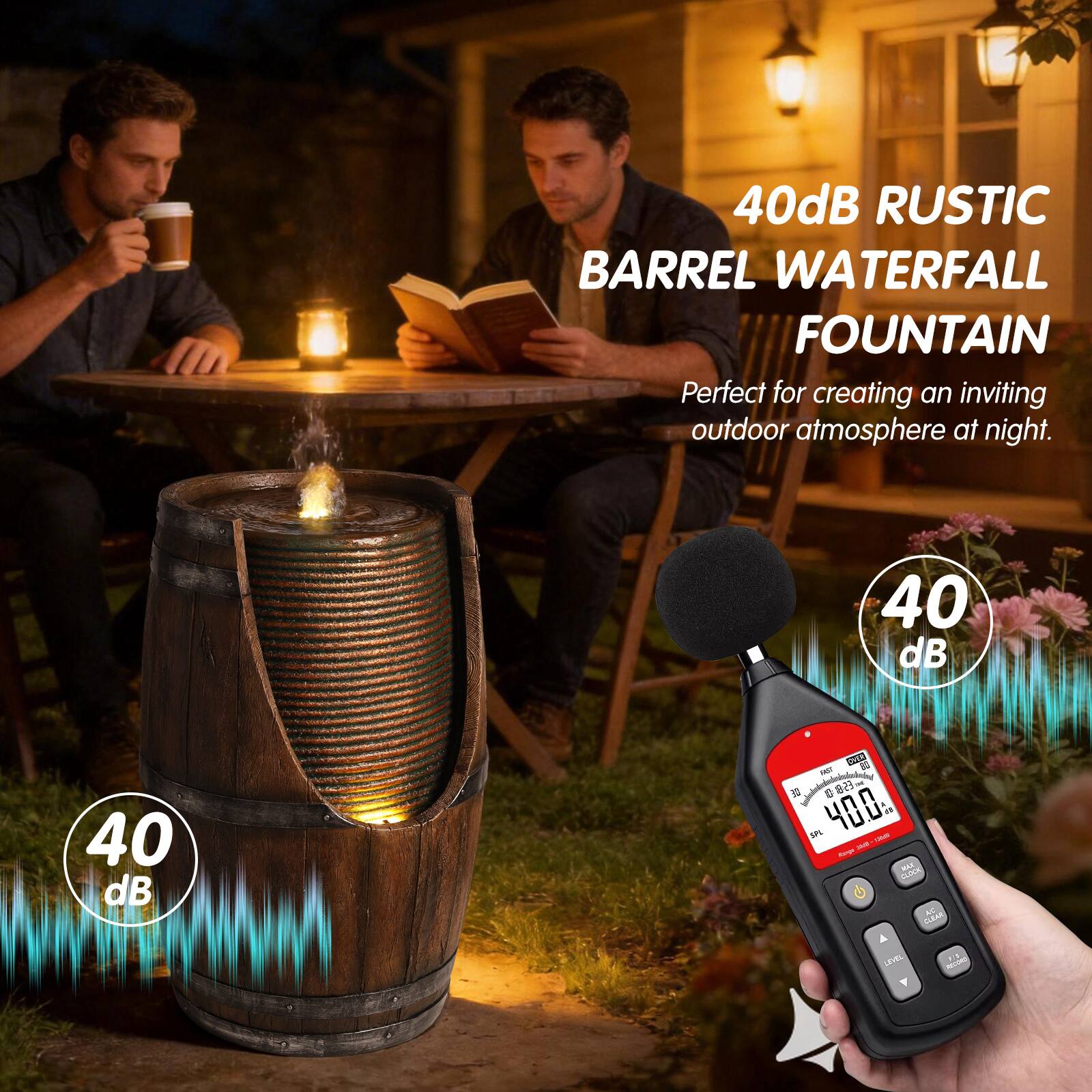 40dB RUSTIC BARREL WATERFALL FOUNTAIN  
Perfect for creating an inviting outdoor atmosphere at night.
