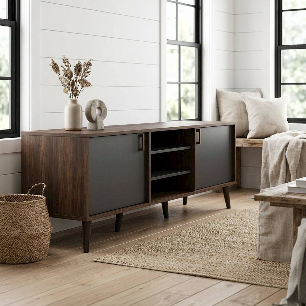 Alt View 1. FurniFact - Mid-Century Modern Brown and Dark Grey TV Stand with Particle Board Finish - Brown.