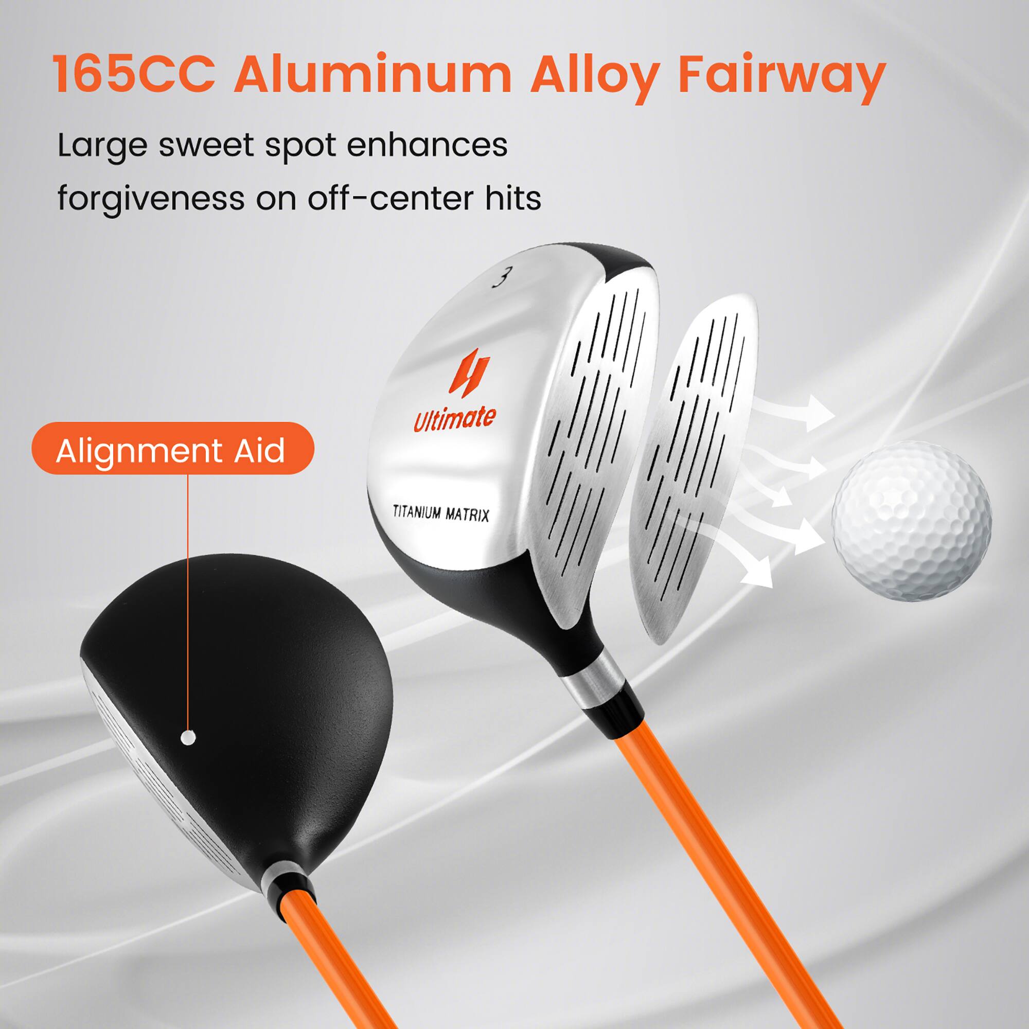 165CC Aluminum Alloy Fairway  
Large sweet spot enhances forgiveness on off-center hits  
Alignment Aid  
Ultimate  
TITANIUM MATRIX