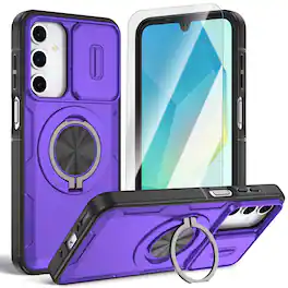 Dteck - Rugged Magnetic Case for Samsung Galaxy A17 5G with Screen Protector, 360° Rotating Ring Stand Shockproof Cover - Purple