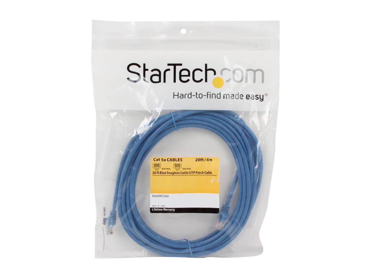 StarTech.com  
Hard-to-find made easy  
Cat 5e CABLES  
20ft/ 6m  
20 ft Blue Snagless Cat5e UTP Patch Cable  
RJ45PATCH20  
Lifetime Warranty