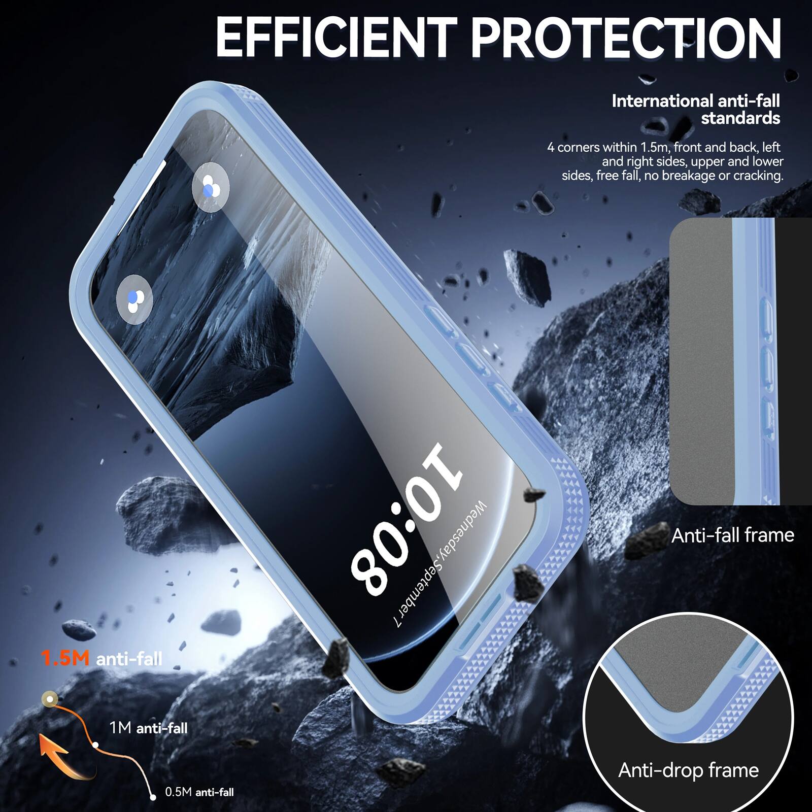 EFFICIENT PROTECTION  
International anti-fall standards  
4 corners within 1.5m, front and back, left and right sides, upper and lower sides, free fall, no breakage or cracking.  
1.5M anti-fall  
1M anti-fall  
0.5M anti-fall  
Anti-fall frame  
Anti-drop frame
