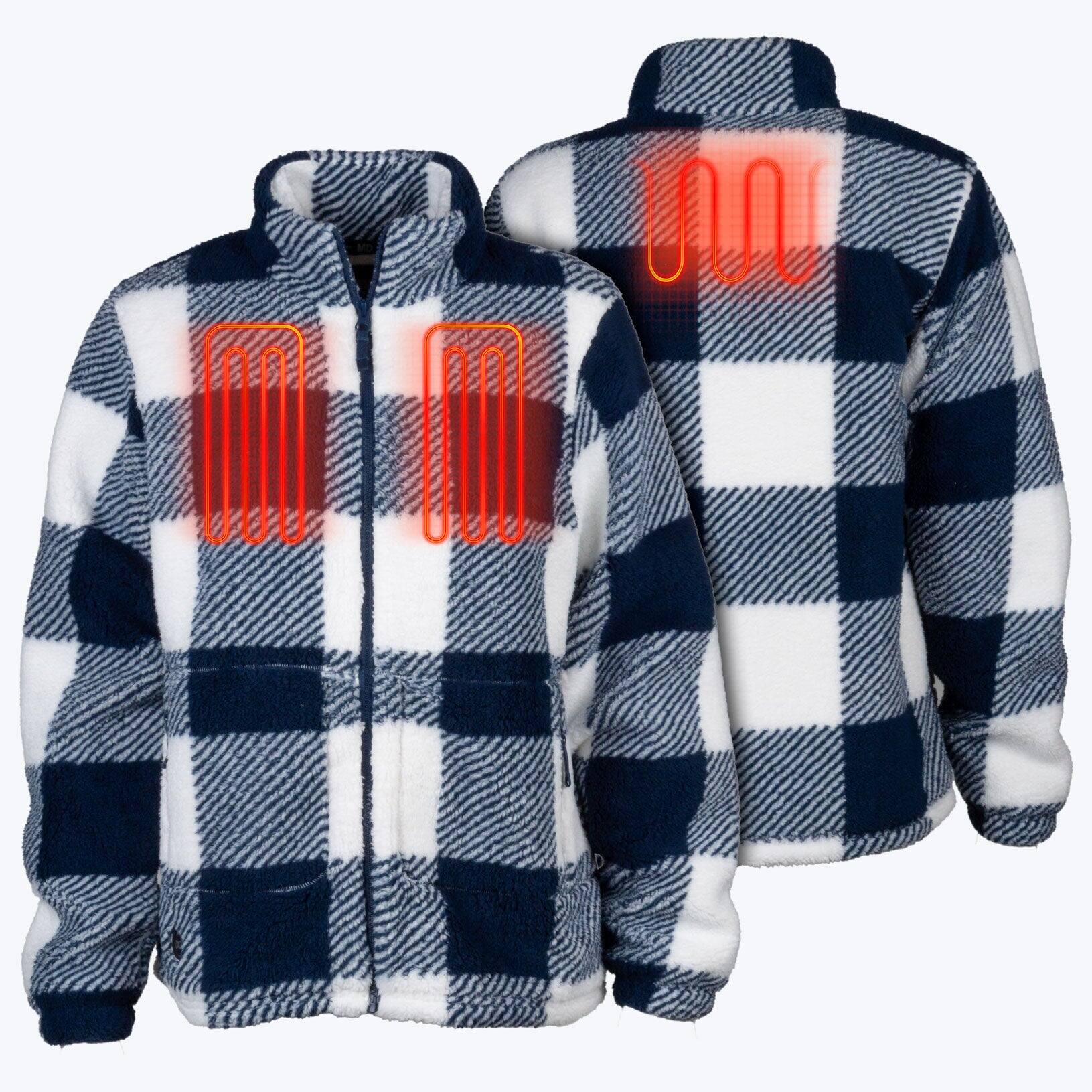 Alt View 1. Mobile Warming - Women's Upland Sherpa Printed Heated Long Jacket - Blue Plaid.