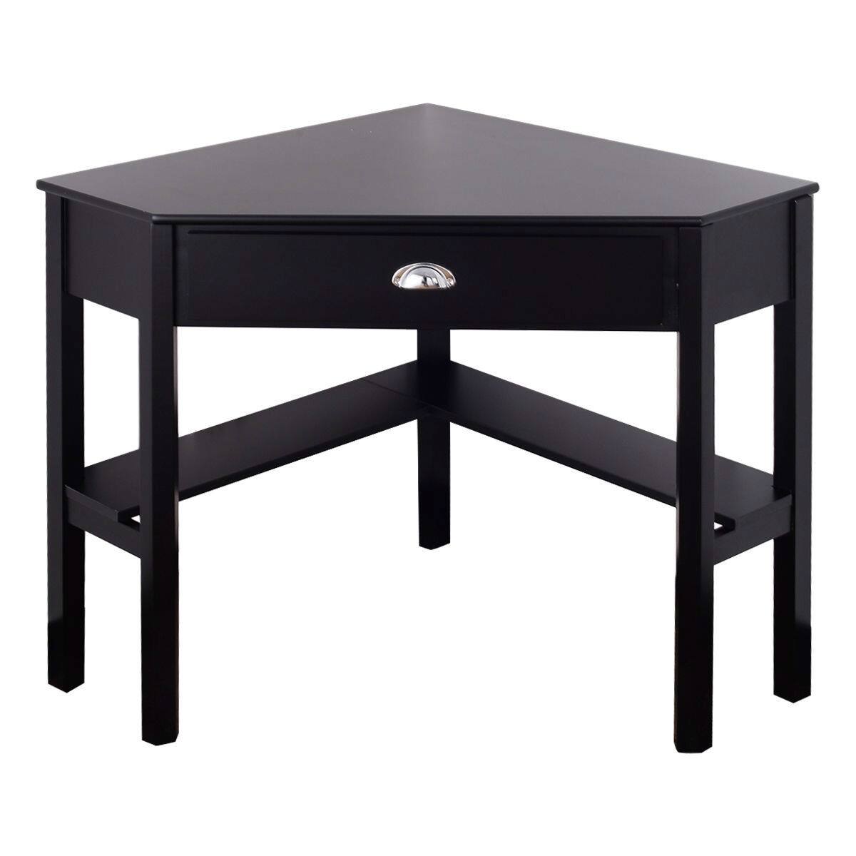 Front. SlickBlue - Compact Corner Computer Desk with Wooden Finish and Drawer - Black.