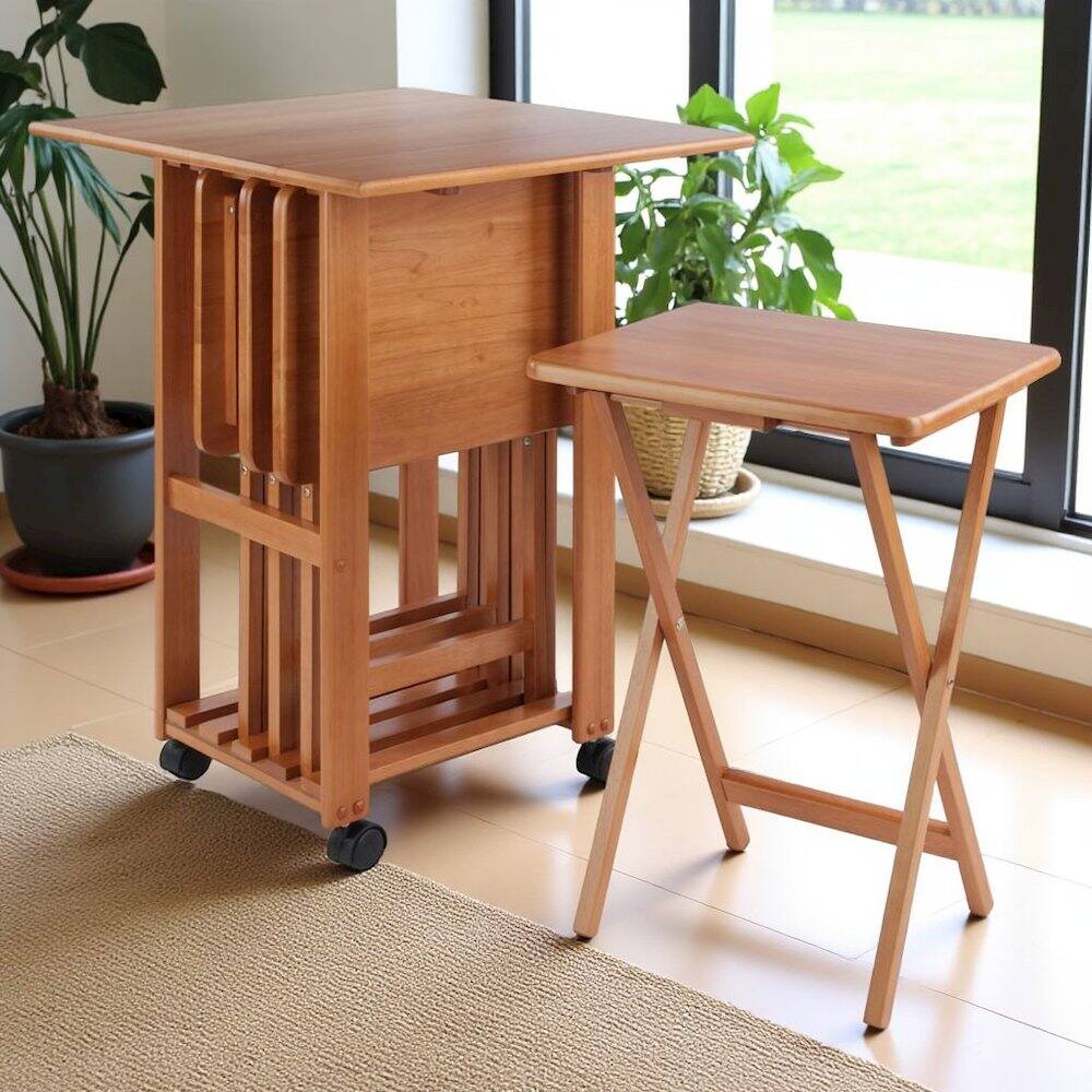 Alt View 7. FurniFact - Teak Folding TV Tray Set – Small Sofa Tables for Living Room & Dining - Teak.