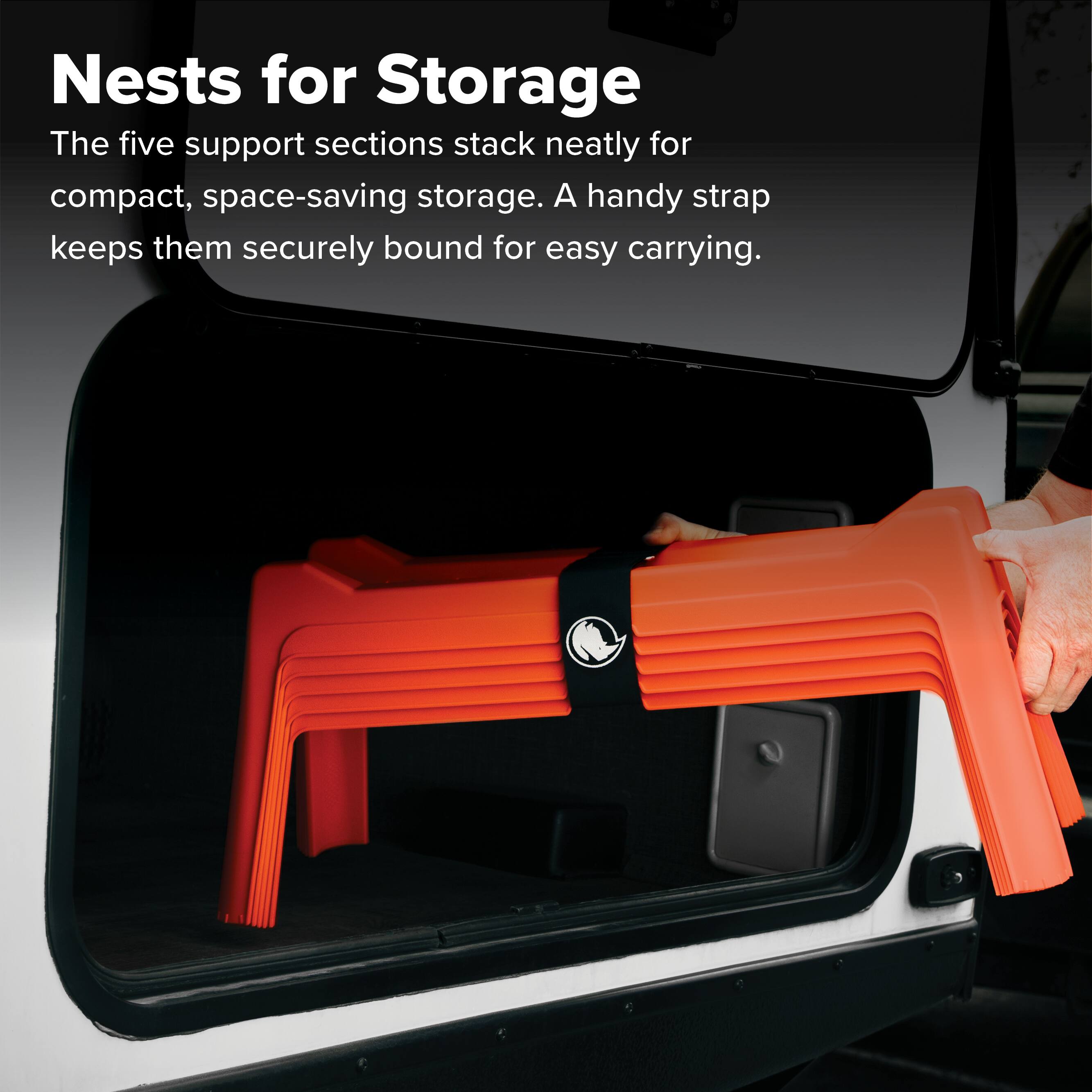 Nests for Storage

The five support sections stack neatly for compact, space-saving storage. A handy strap keeps them securely bound for easy carrying.