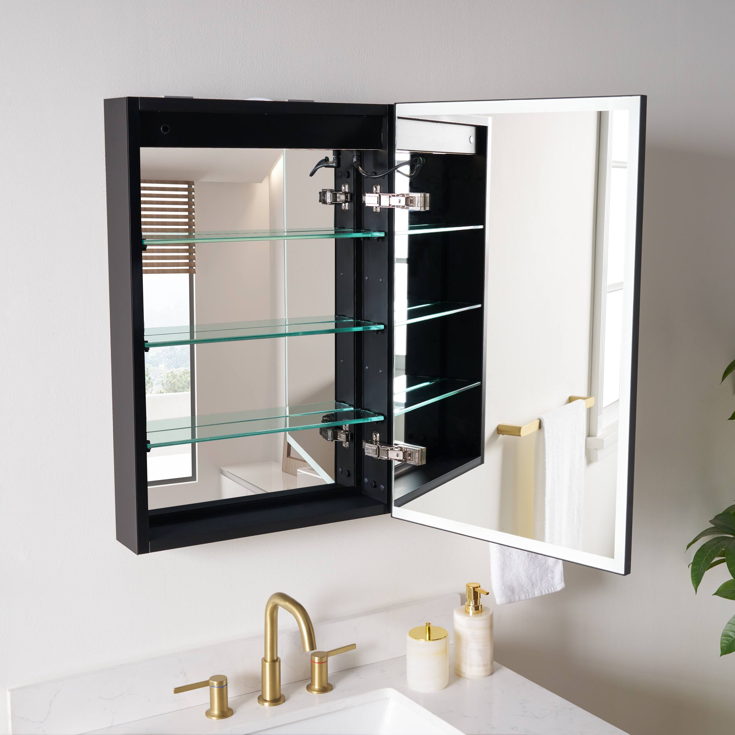 Angle. WELLFOR - 20 in. W x 30 in. H Rectangular Aluminum Recessed/Surface Mount LED Medicine Cabinet with Mirror, Right Open - Black.