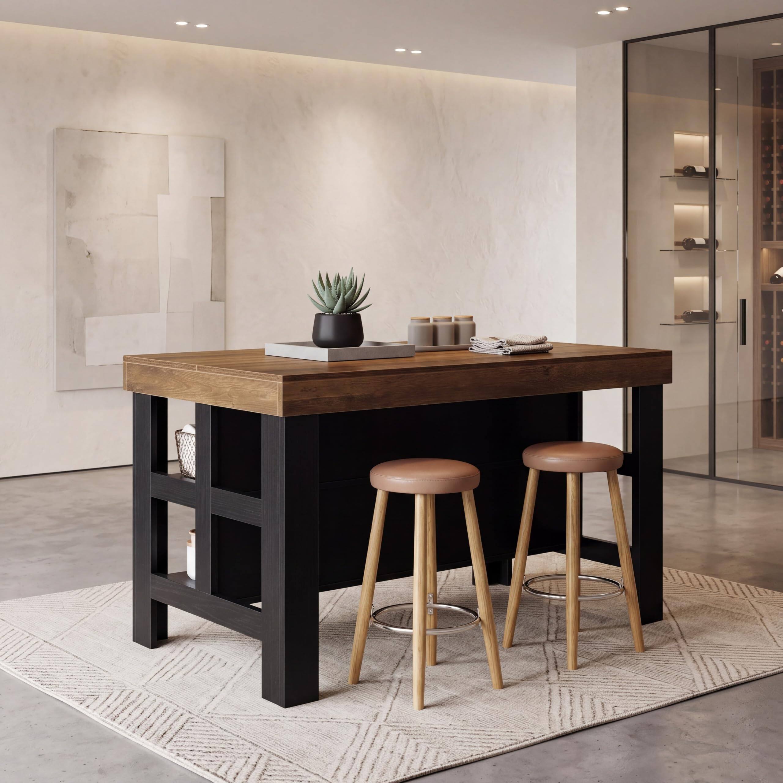 Alt View 2. Tribesigns - Kitchen Island with Storage Shelves (Brown and Black) - Brown and Black.