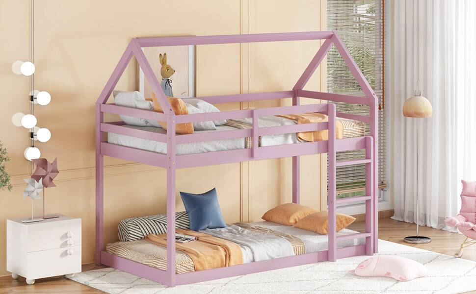 Alt View 2. Spaco - Spaco Twin over Twin Bunk Bed with Ladder, Rubber Wood Floor, Guardrails, House-Shaped-Bunk Bed, for Bedroom Kids Room - Pink.