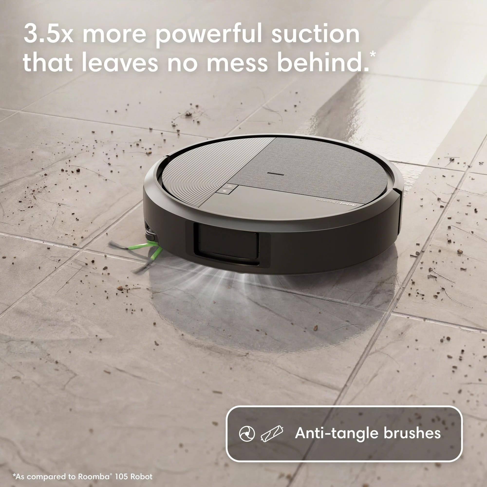 3.5x more powerful suction that leaves no mess behind.  
Anti-tangle brushes  
*As compared to Roomba 105 Robot
