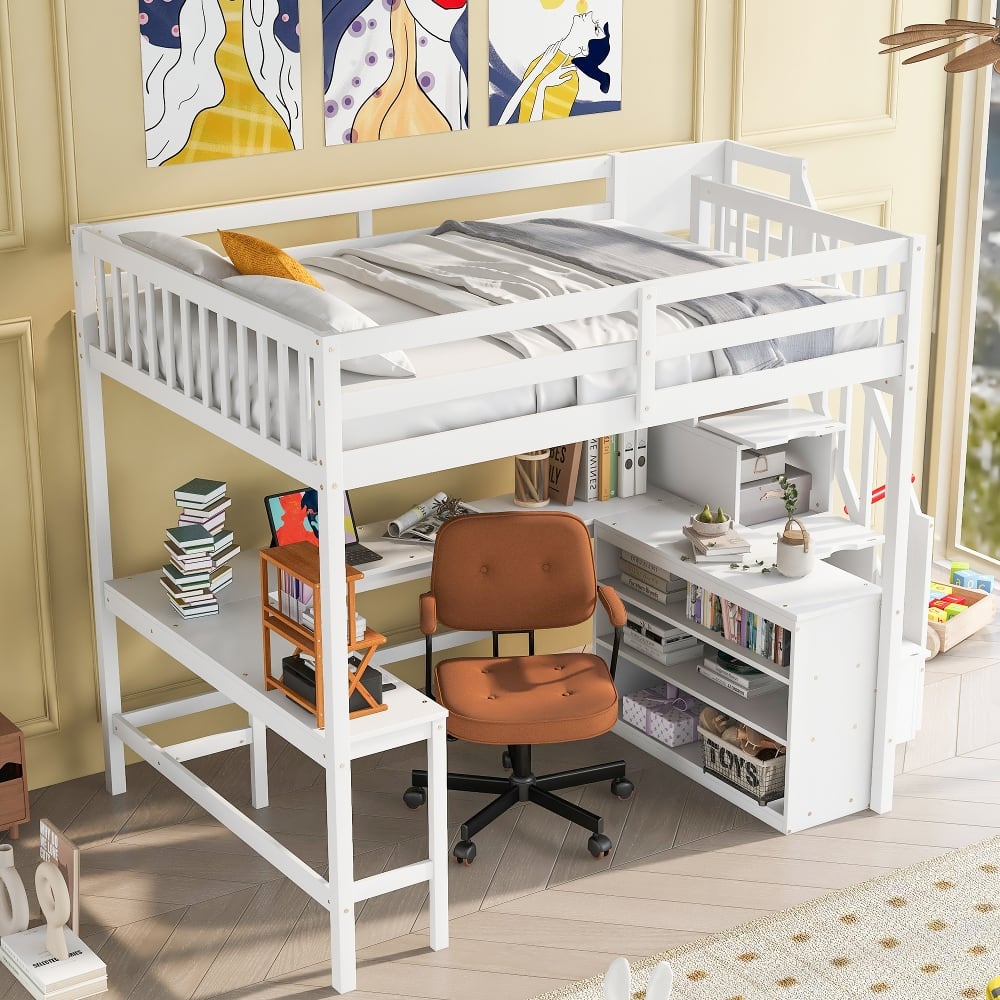 Loheer - Full Size Loft Bed with L-Shaped Desk and Storage Stairs - White price history on PriceWatchPro