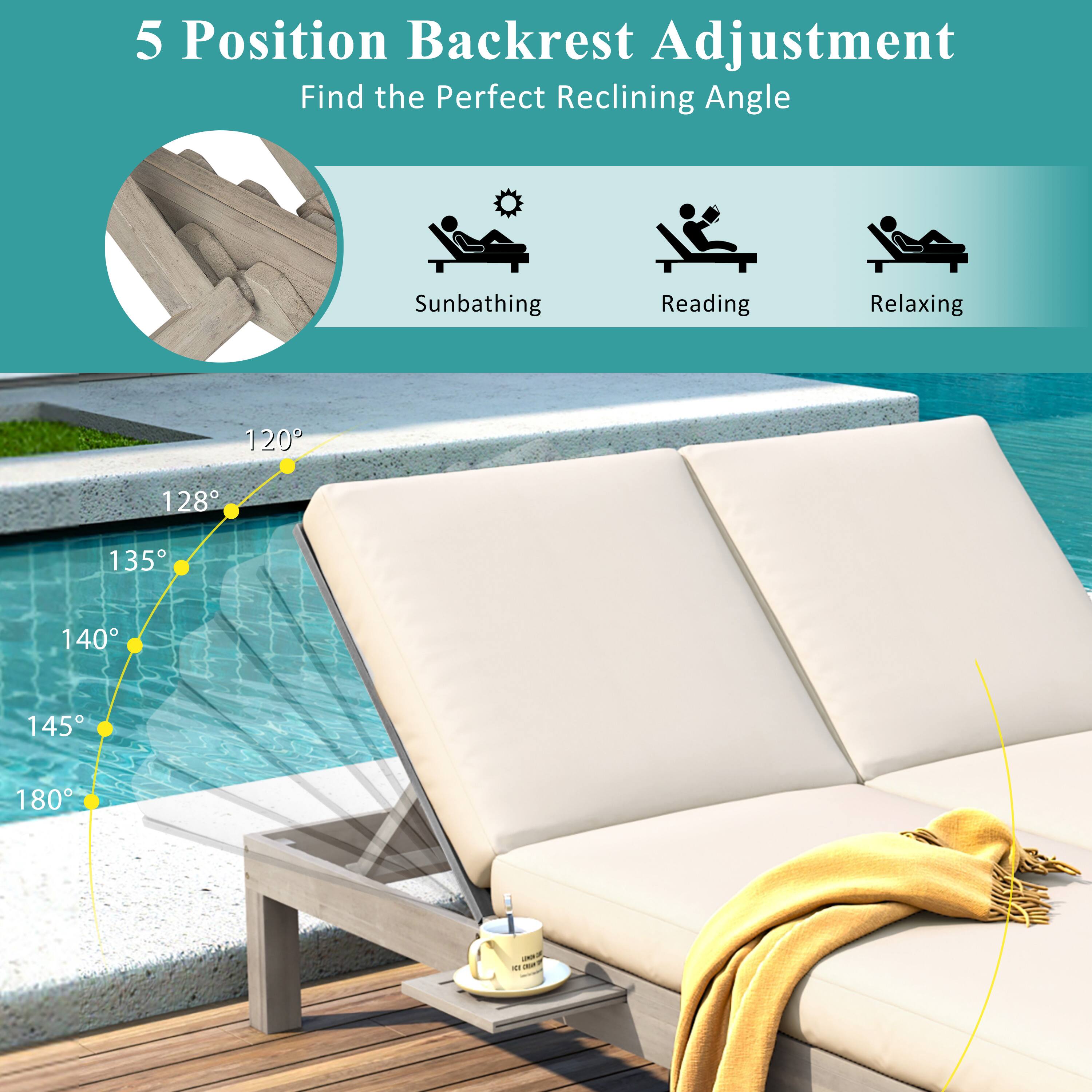 5 Position Backrest Adjustment  
Find the Perfect Reclining Angle  

Sunbathing  
Reading  
Relaxing  

120°  
128°  
135°  
140°  
145°  
180°