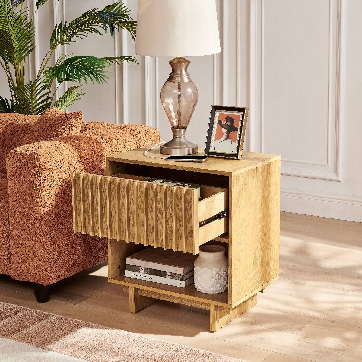 Alt View 2. Loheer - Loheer Mid Century Modern Nightstand with Hidden Charging Station Natural Finish - Natural.
