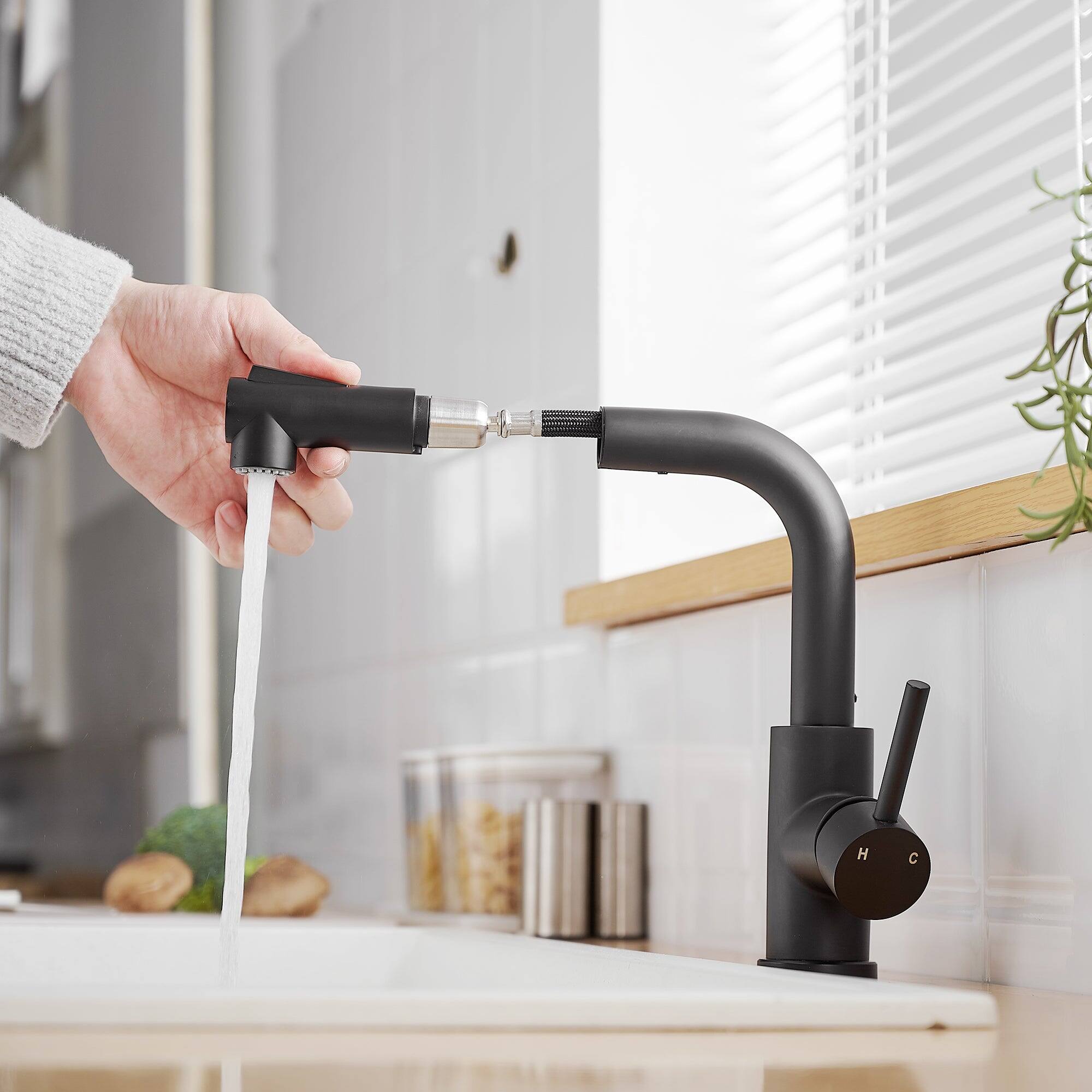 Alt View 9. Boyel Living - Matte Black 2 Spray Patterns Stainless Steel Pull Out Kitchen Faucet with Water Supply Hoses - Matte Black.