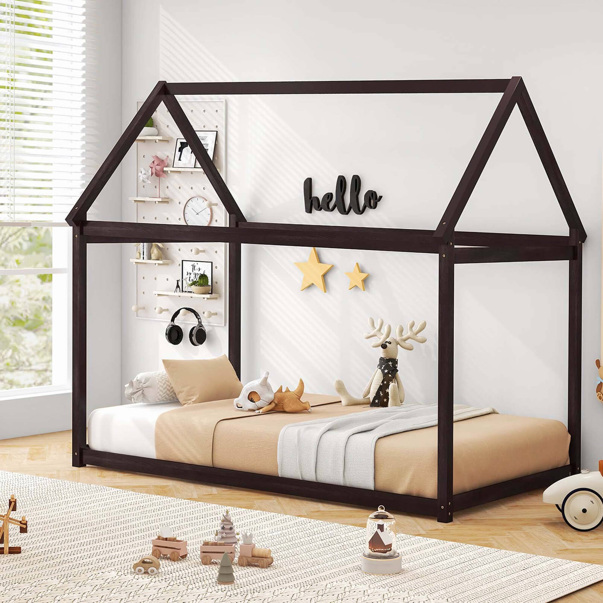 Alt View 7. Costway - Costway Twin House Bed Wood Frame with Roof for Kids Toddler No Box Spring - Brown.