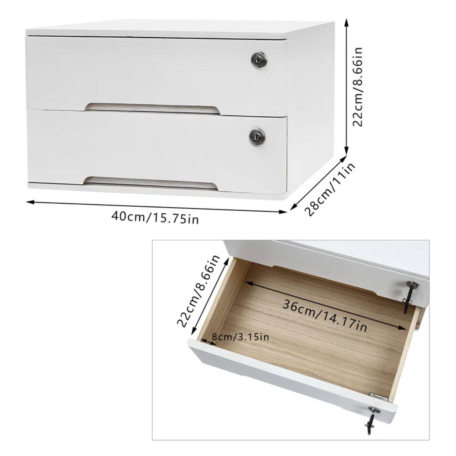 - Width: 40 cm / 15.75 in
- Height: 22 cm / 8.66 in
- Depth: 28 cm / 11 in
- Drawer Width: 36 cm / 14.17 in
- Drawer Height: 8 cm / 3.15 in