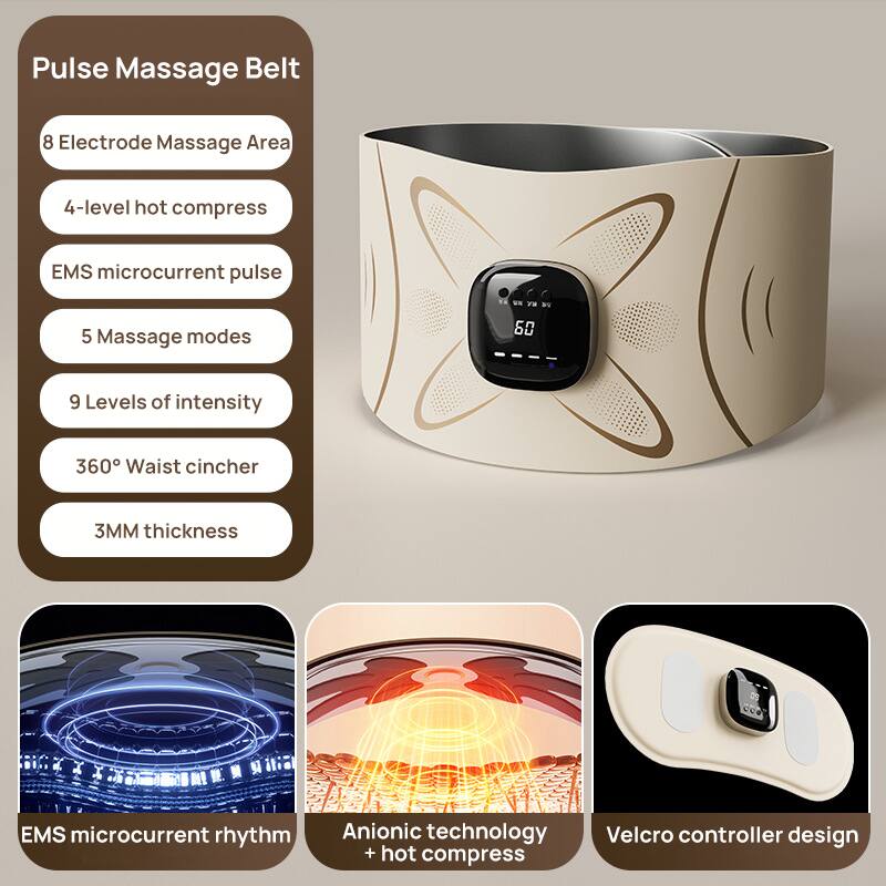 Pulse Massage Belt

- 8 Electrode Massage Area
- 4-level hot compress
- EMS microcurrent pulse
- 5 Massage modes
- 9 Levels of intensity
- 360° Waist cincher
- 3MM thickness
- EMS microcurrent rhythm
- Anionic technology + hot compress
- Velcro controller design
