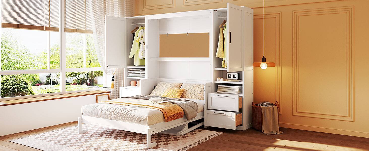 Alt View 2. Tiramisubest - Full Size White Murphy Bed with Closet, Drawers & Shelves, MDF+LVL, 107x18x82 inches, 395 lbs - White.