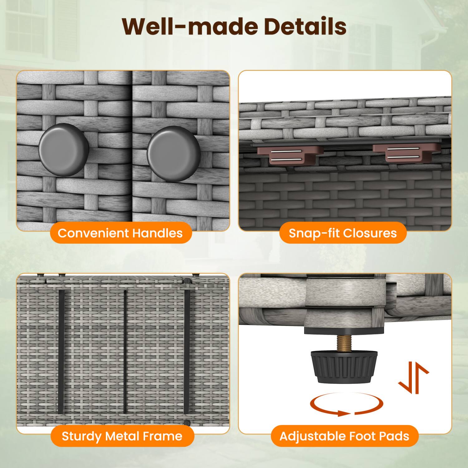 Well-made Details

Convenient Handles
Snap-fit Closures
Sturdy Metal Frame
Adjustable Foot Pads