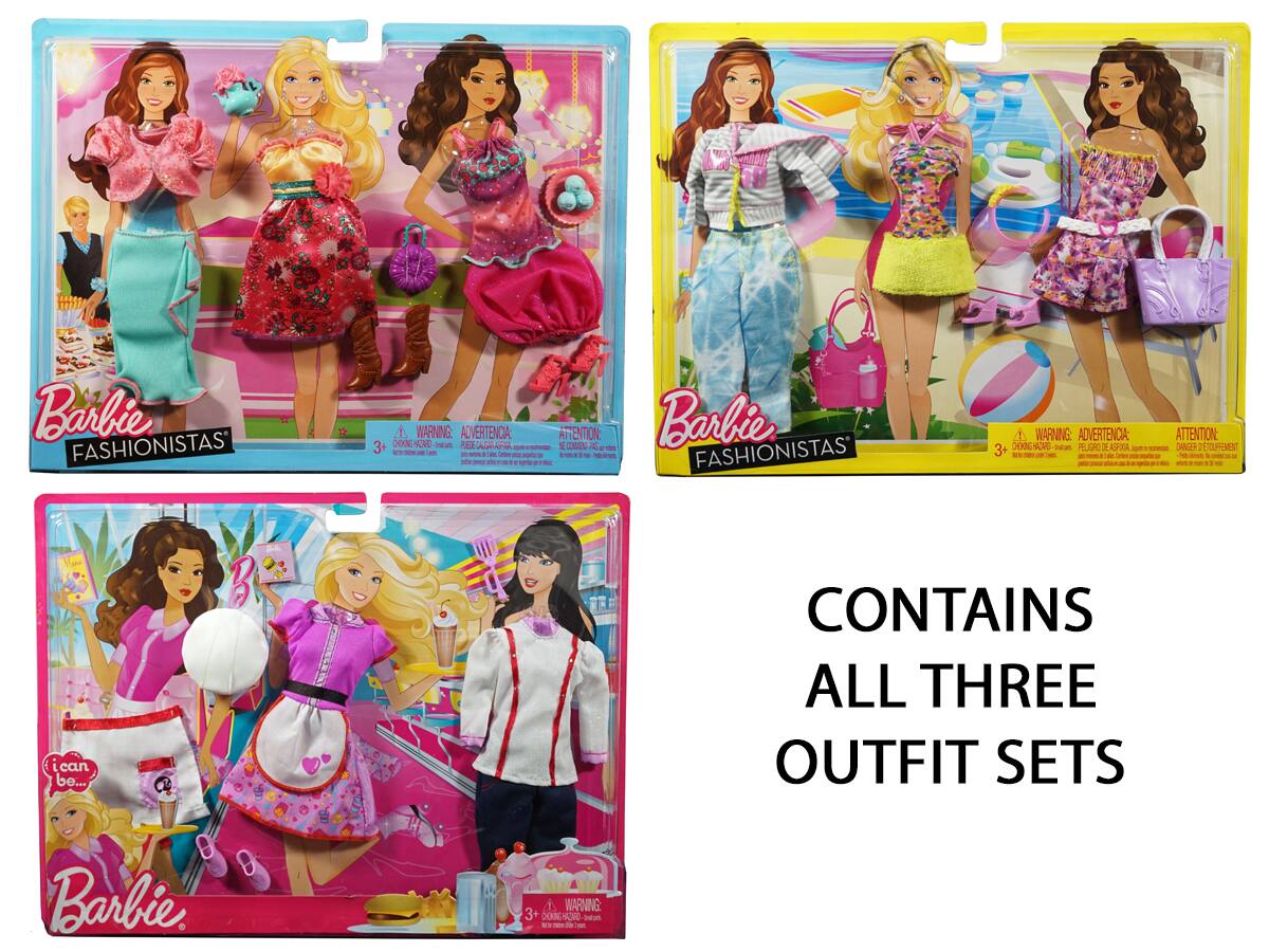 Barbie Fashionistas

Contains all three outfit sets

Warning: Choking Hazard - Small parts. Not for children under 3 years.

Attention: Pequeños objetos. No es adecuado para niños menores de 3 años.

Advertencia: Peligro de asfixia - Piezas pequeñas. No apto para menores de 3 años.