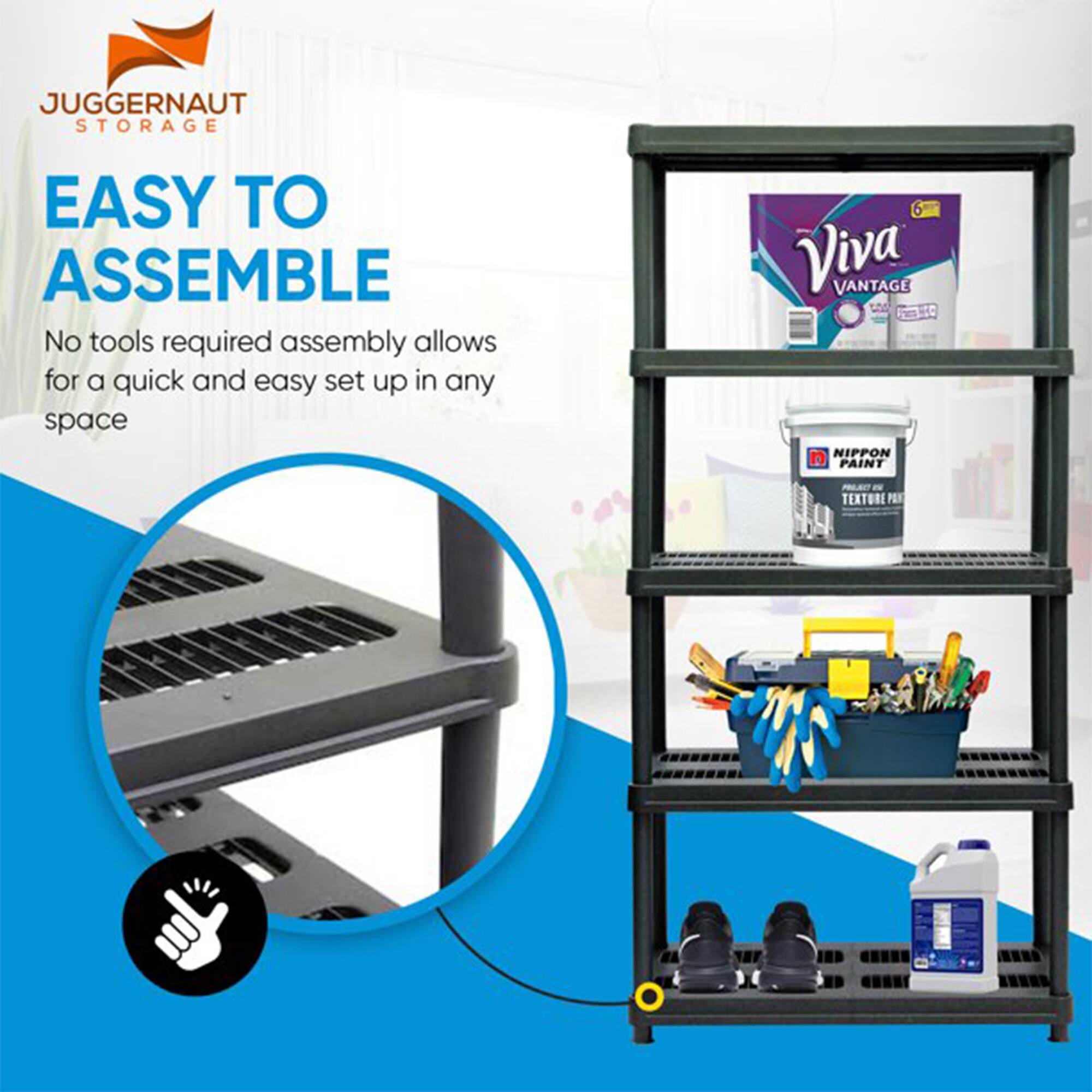 JUGGERNAUT STORAGE

EASY TO ASSEMBLE

No tools required assembly allows for a quick and easy set up in any space

Viva VANTAGE

NIPPON PAINT