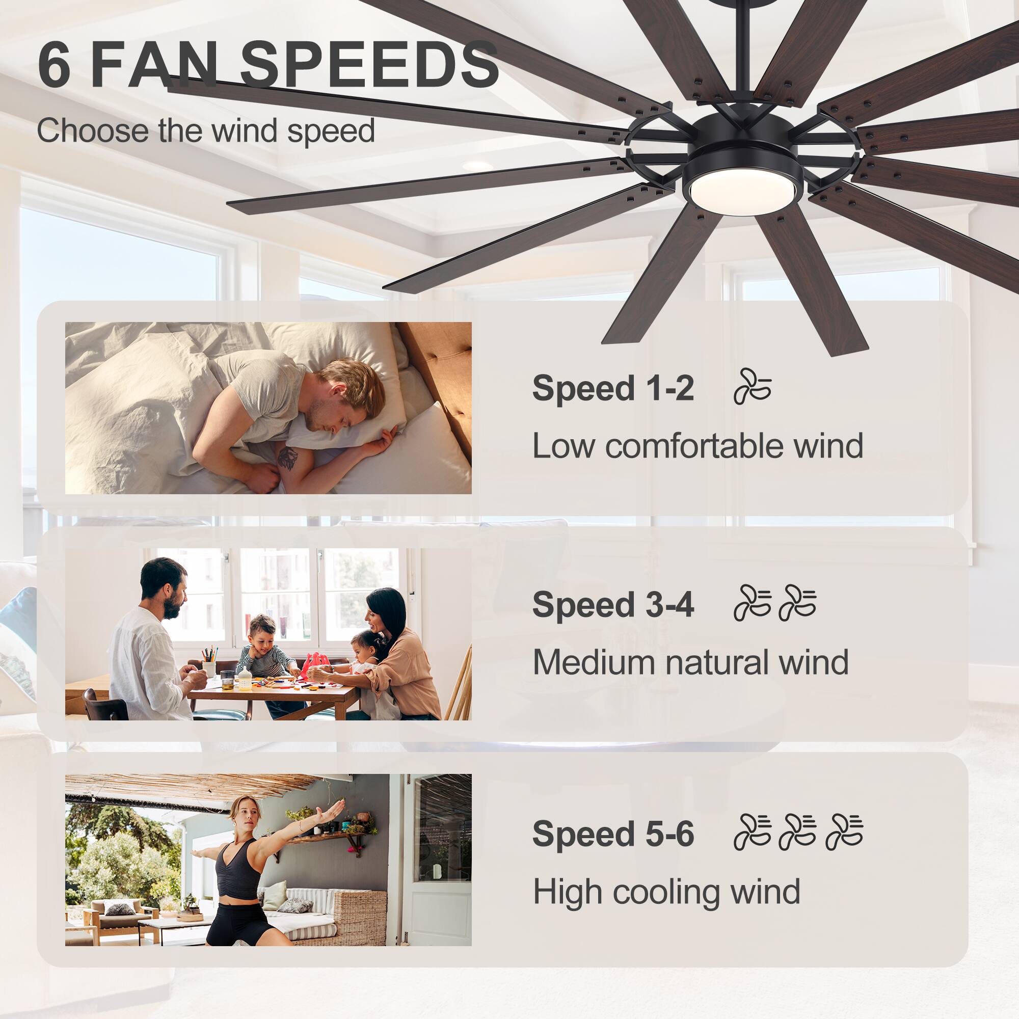 6 FAN SPEEDS  
Choose the wind speed  

Speed 1-2  
Low comfortable wind  

Speed 3-4  
Medium natural wind  

Speed 5-6  
High cooling wind