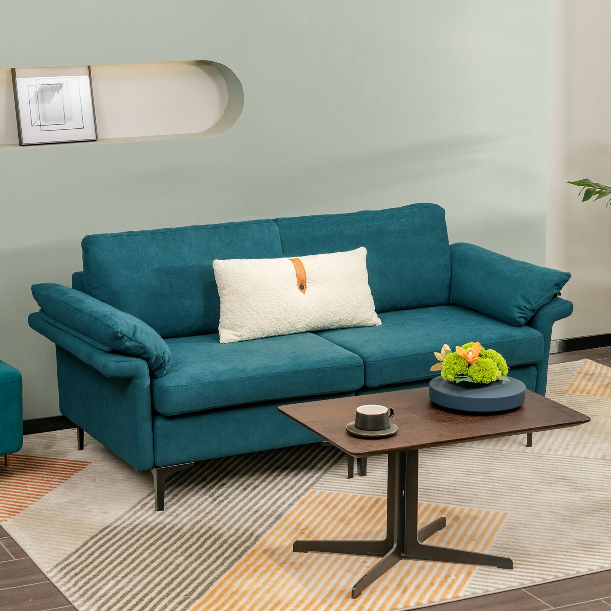 Alt View 2. Costway - Costway Modern Loveseat Fabric 2-Seat Sofa Couch for Small Space w/ Metal Legs - Blue.
