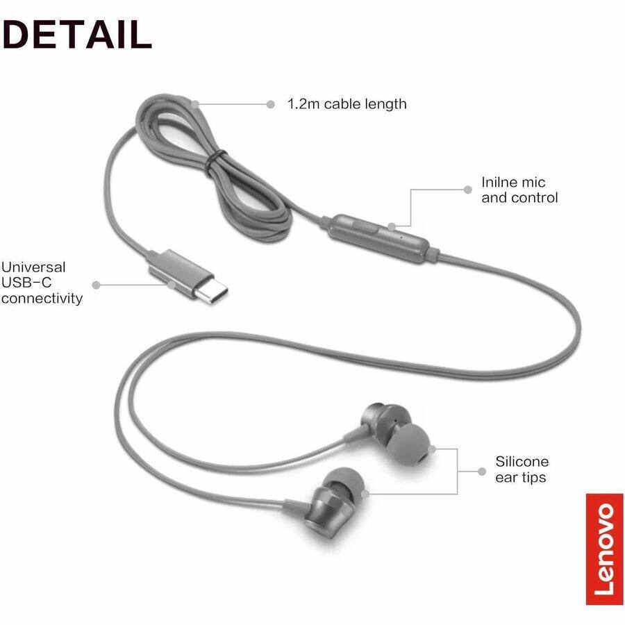 DETAIL

- 1.2m cable length
- Inline mic and control
- Universal USB-C connectivity
- Silicone ear tips

Lenovo