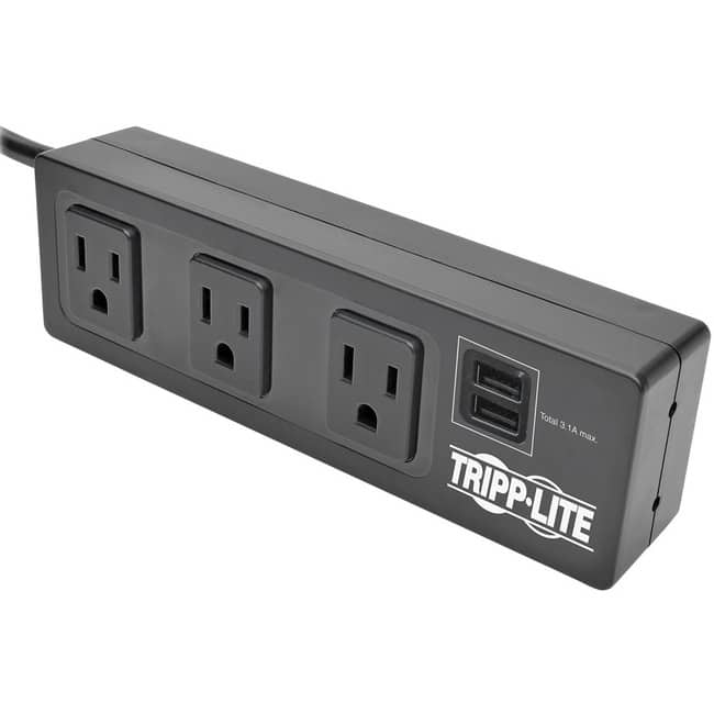 Eaton Tripp Lite Series Protect It! 3-Outlet Surge Protector with Mounting Brackets, 10 ft. Cord, 510 Joules, 2 USB - Black