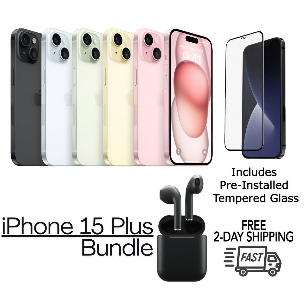 Tuesday September 1  
iPhone 15 Plus Bundle  
Includes Pre-Installed Tempered Glass  
FREE 2-DAY SHIPPING  
FAST