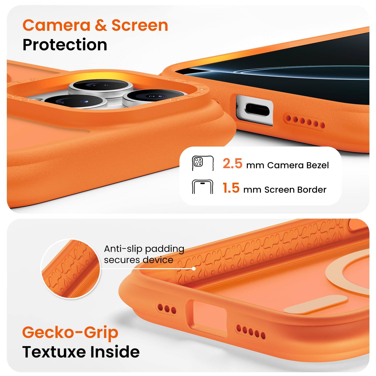 Camera & Screen Protection  
2.5 mm Camera Bezel  
1.5 mm Screen Border  
Anti-slip padding secures device  
Gecko-Grip Textuxe Inside