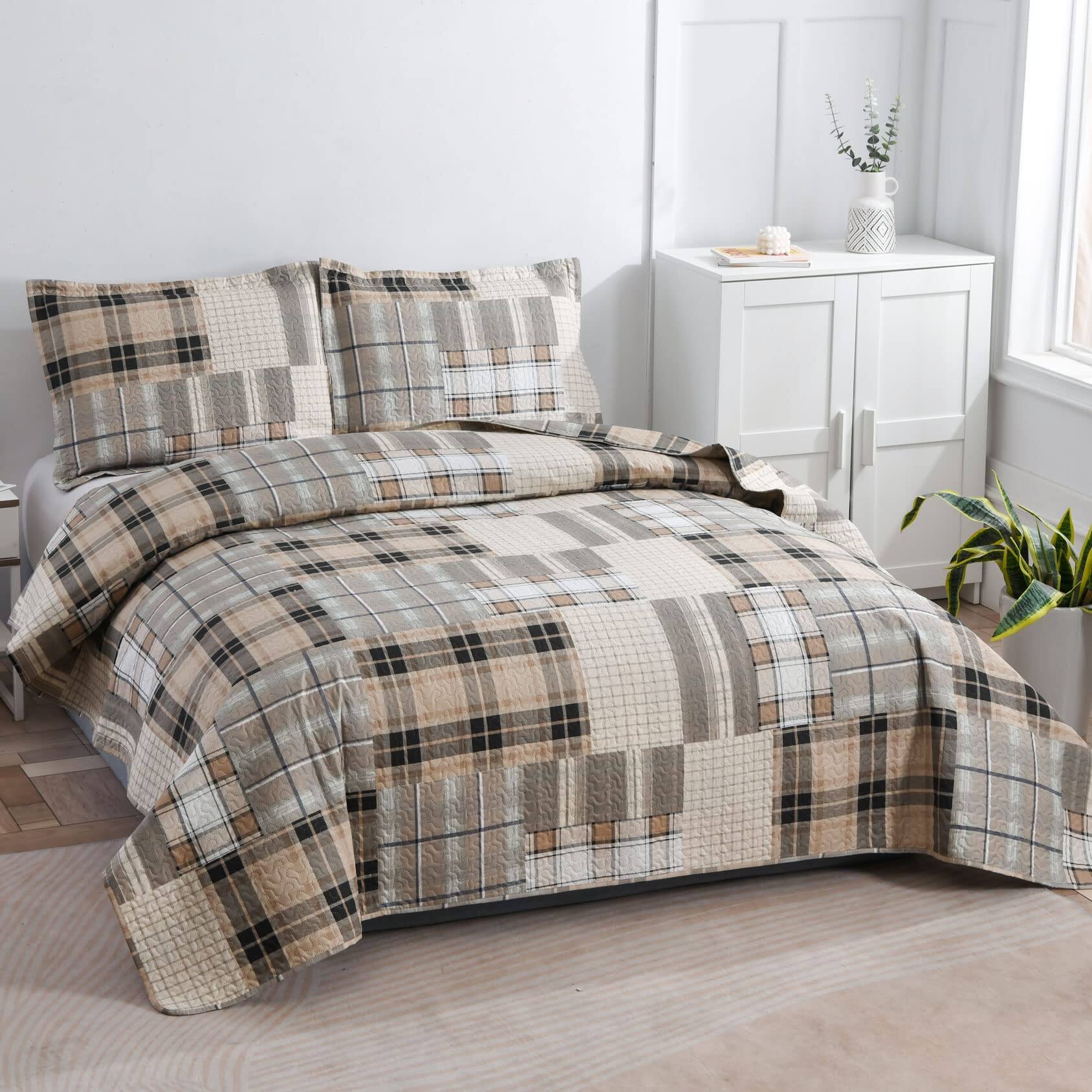 Alt View 2. Paradigms Interiors - Plaid Bedding Quilt Set Lightweight Patchwork Bedspread Breathable Microfiber Geometric Coverlet Check Bed ... - Brown Coffee-King (106 in x 96 in).